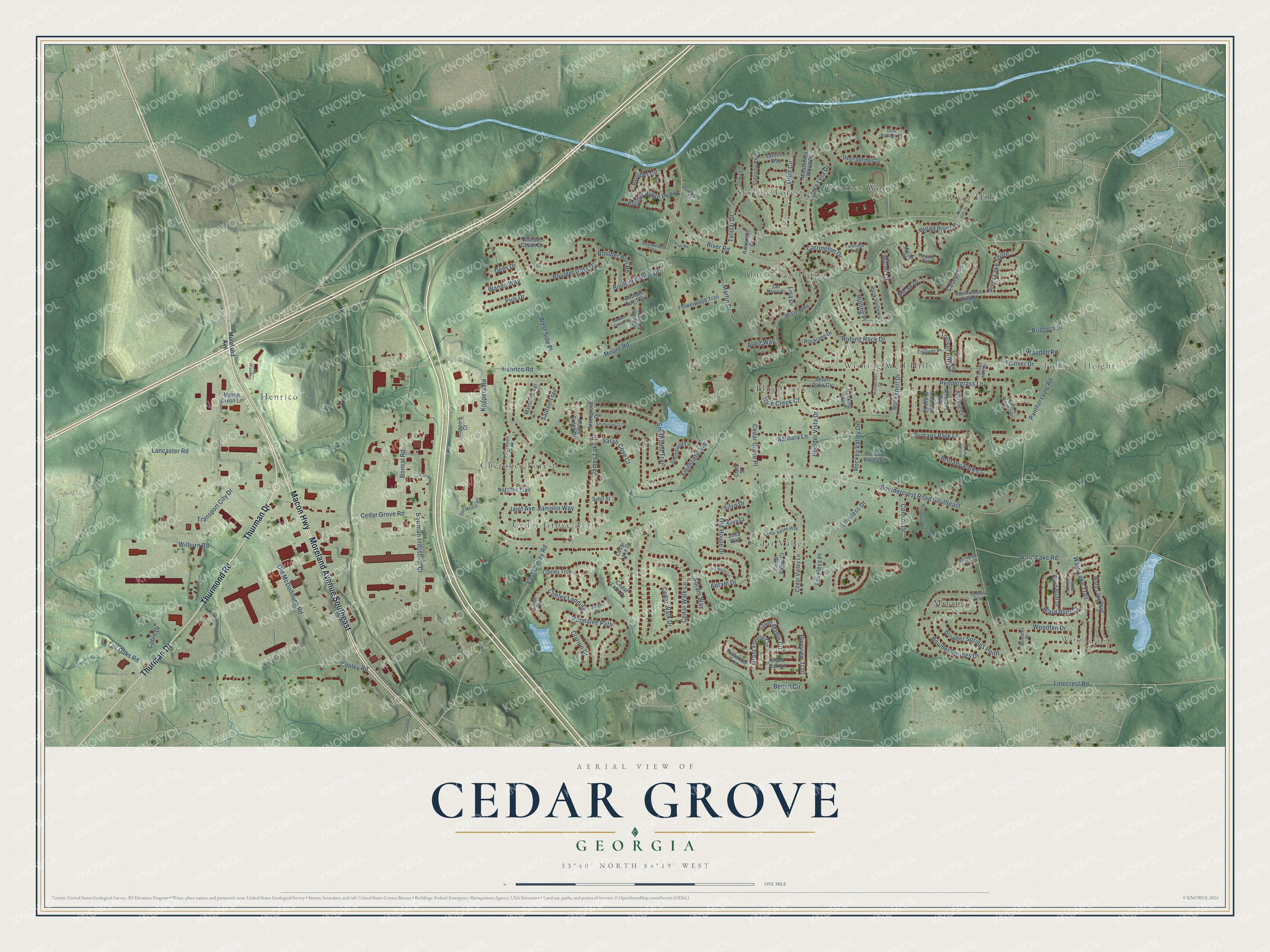 Full map of Cedar Grove, Georgia, with red buildings, printed street names and the land around them