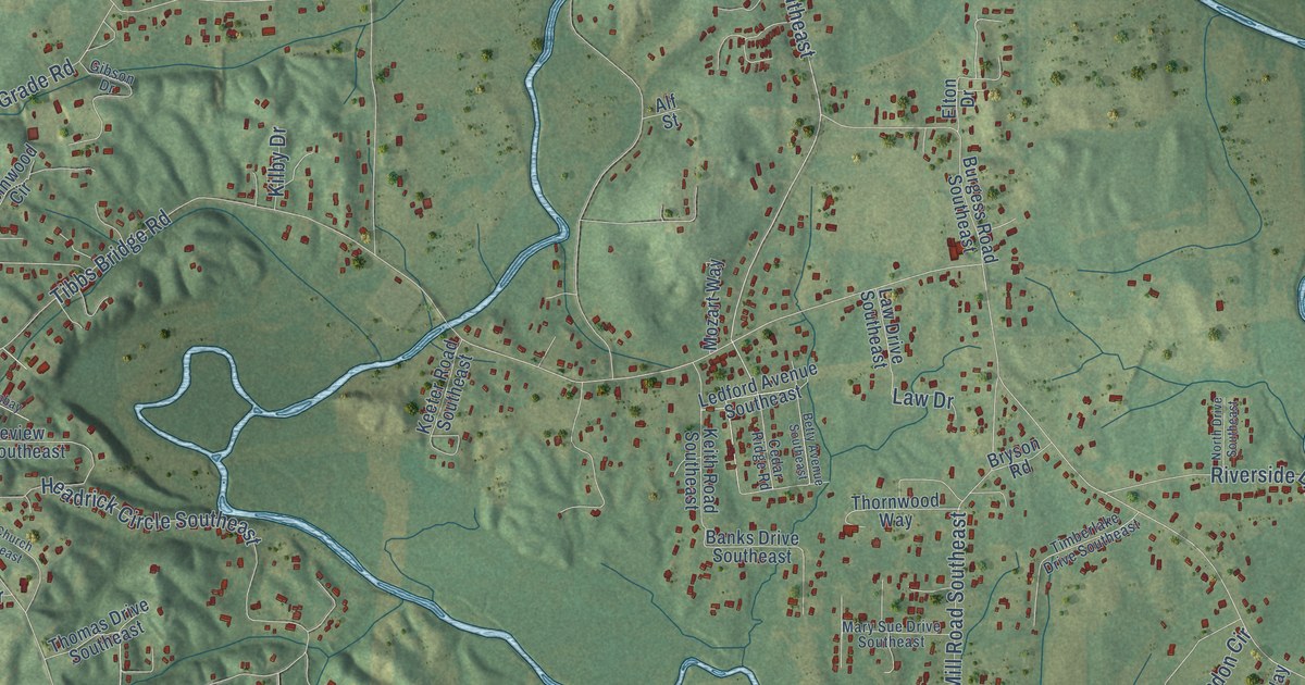 Close-up of streets and buildings in Cedar Ridge, Georgia
