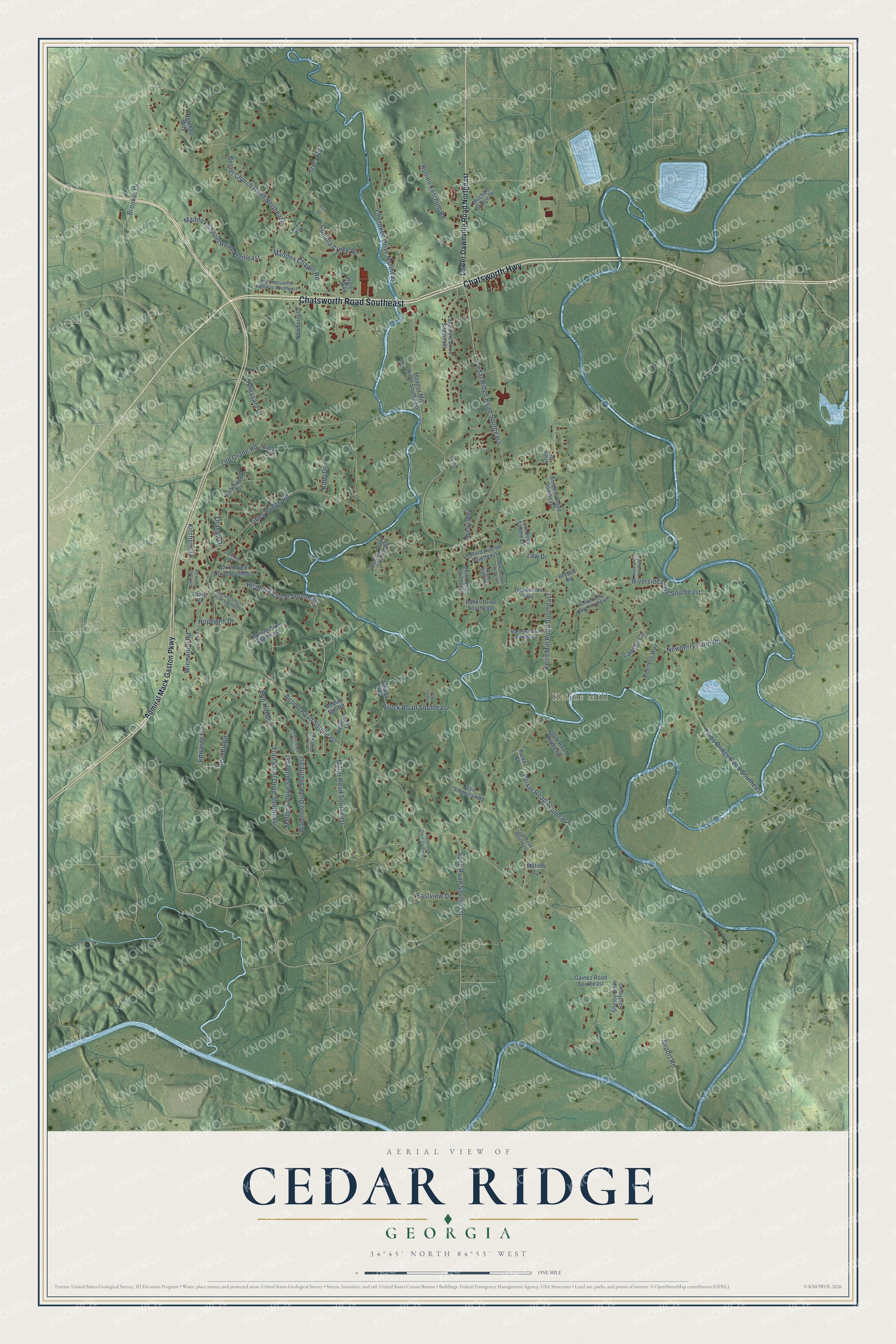 Full map of Cedar Ridge, Georgia, with red buildings, printed street names and the land around them