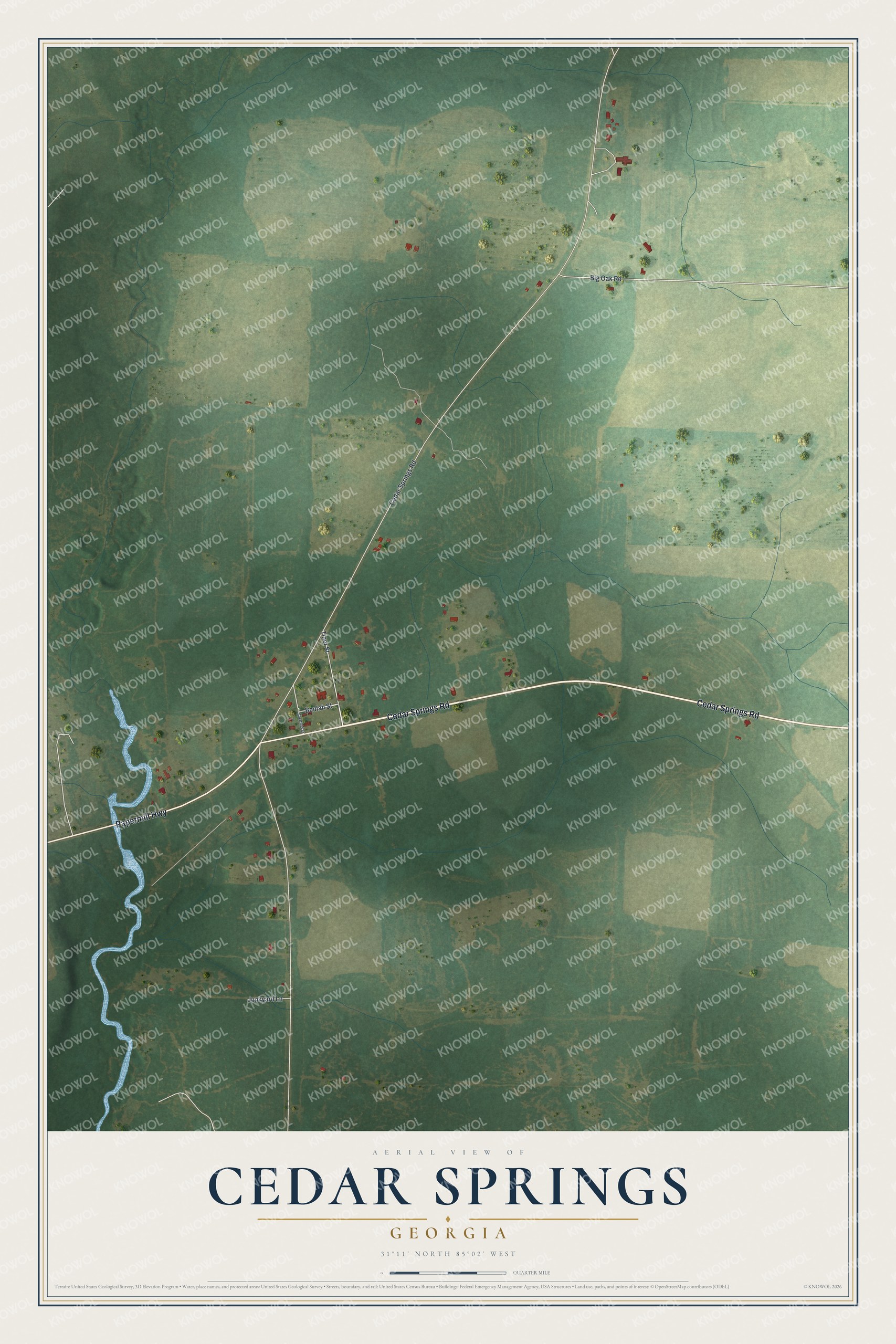 Full map of Cedar Springs, Georgia, with red buildings, printed street names and the land around them