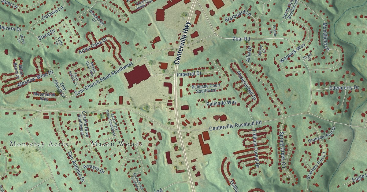 Close-up of streets and buildings in Centerville, Gwinnett County, Georgia