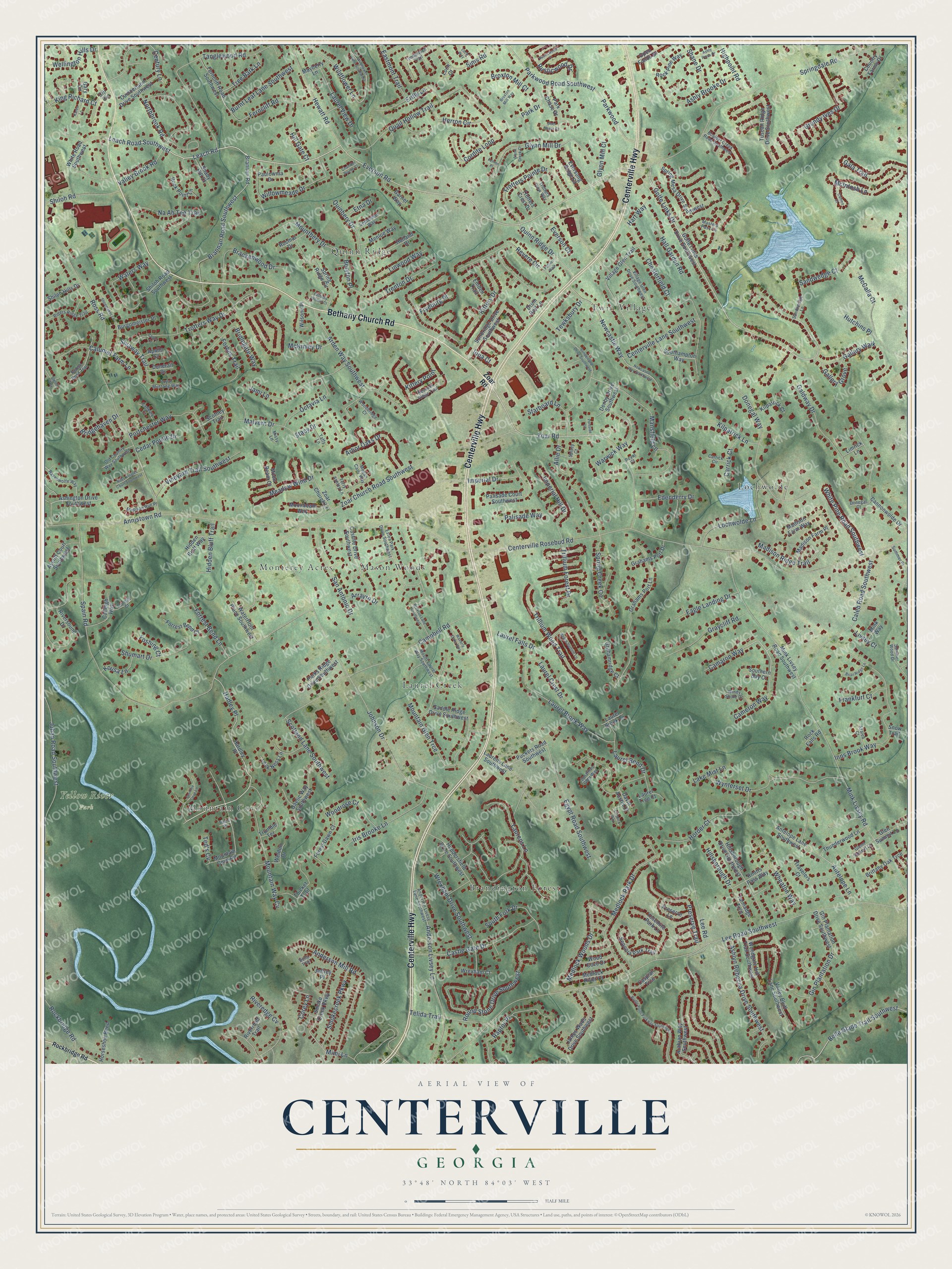Full map of Centerville, Georgia, with red buildings, printed street names and the land around them