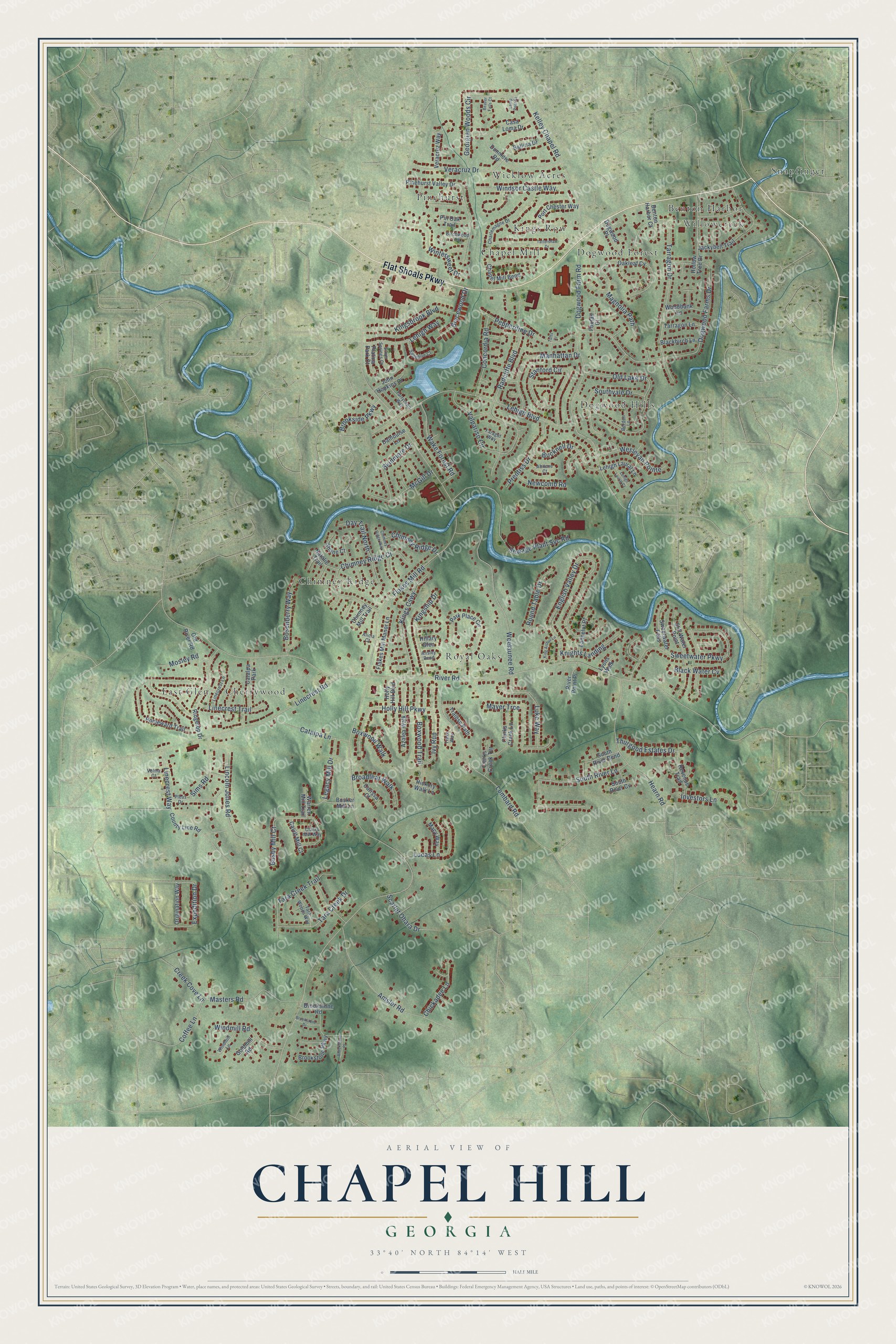 Full map of Chapel Hill, Georgia, with red buildings, printed street names and the land around them