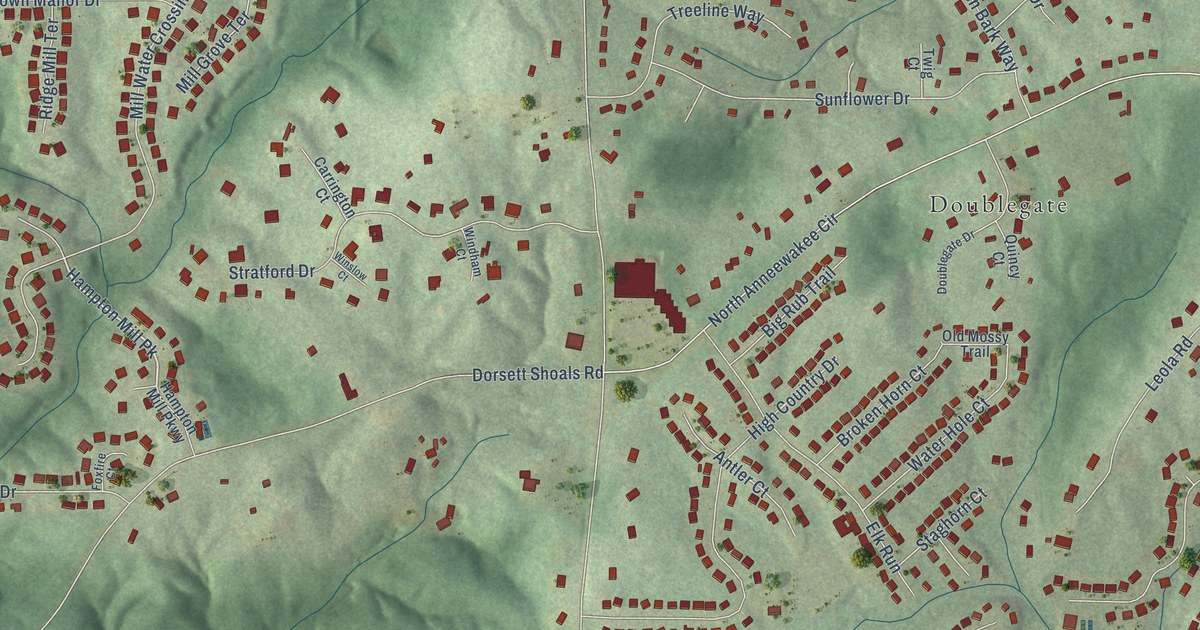 Close-up of streets and buildings in Chapel Hill, Georgia