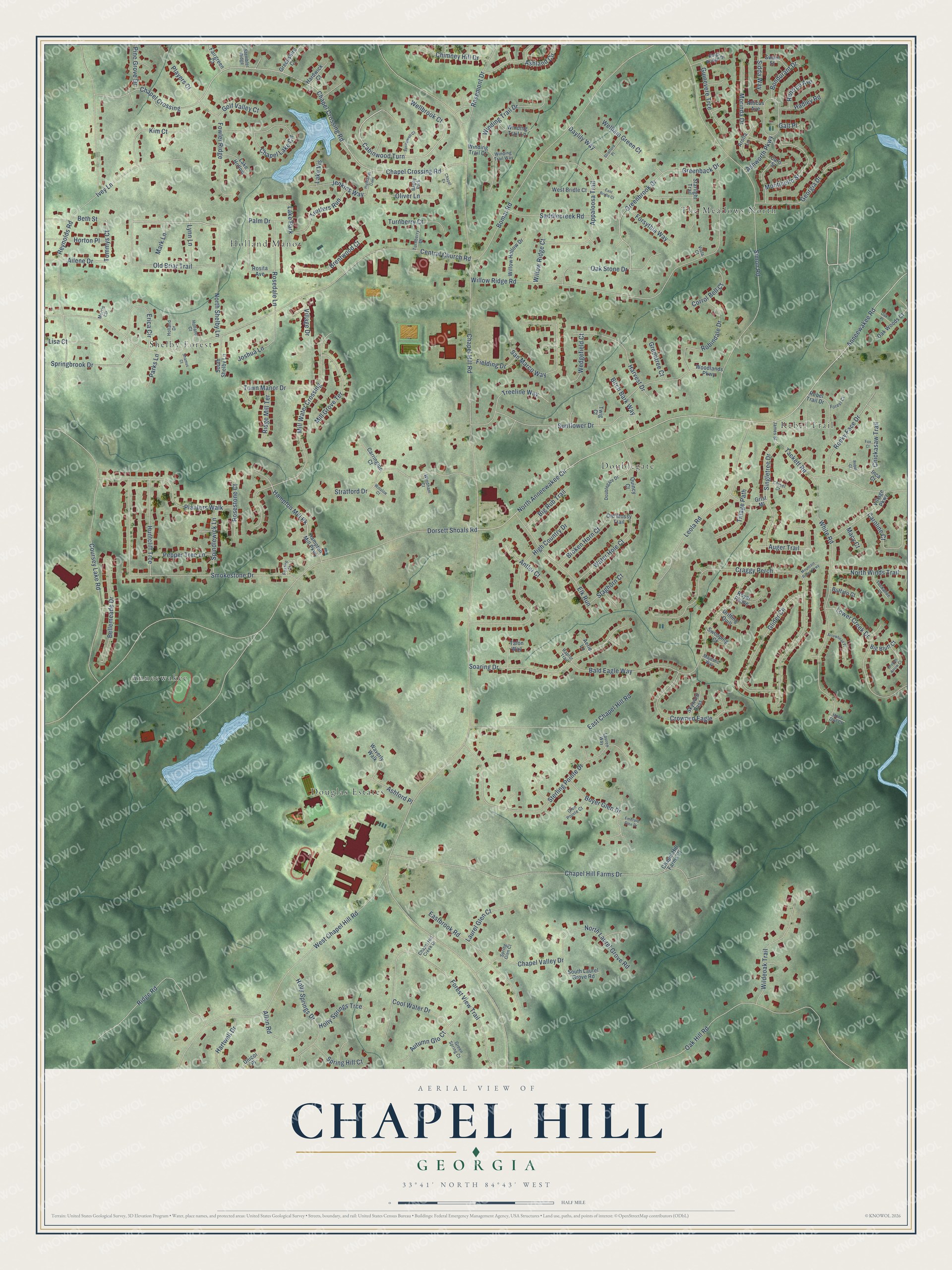 Full map of Chapel Hill, Georgia, with red buildings, printed street names and the land around them