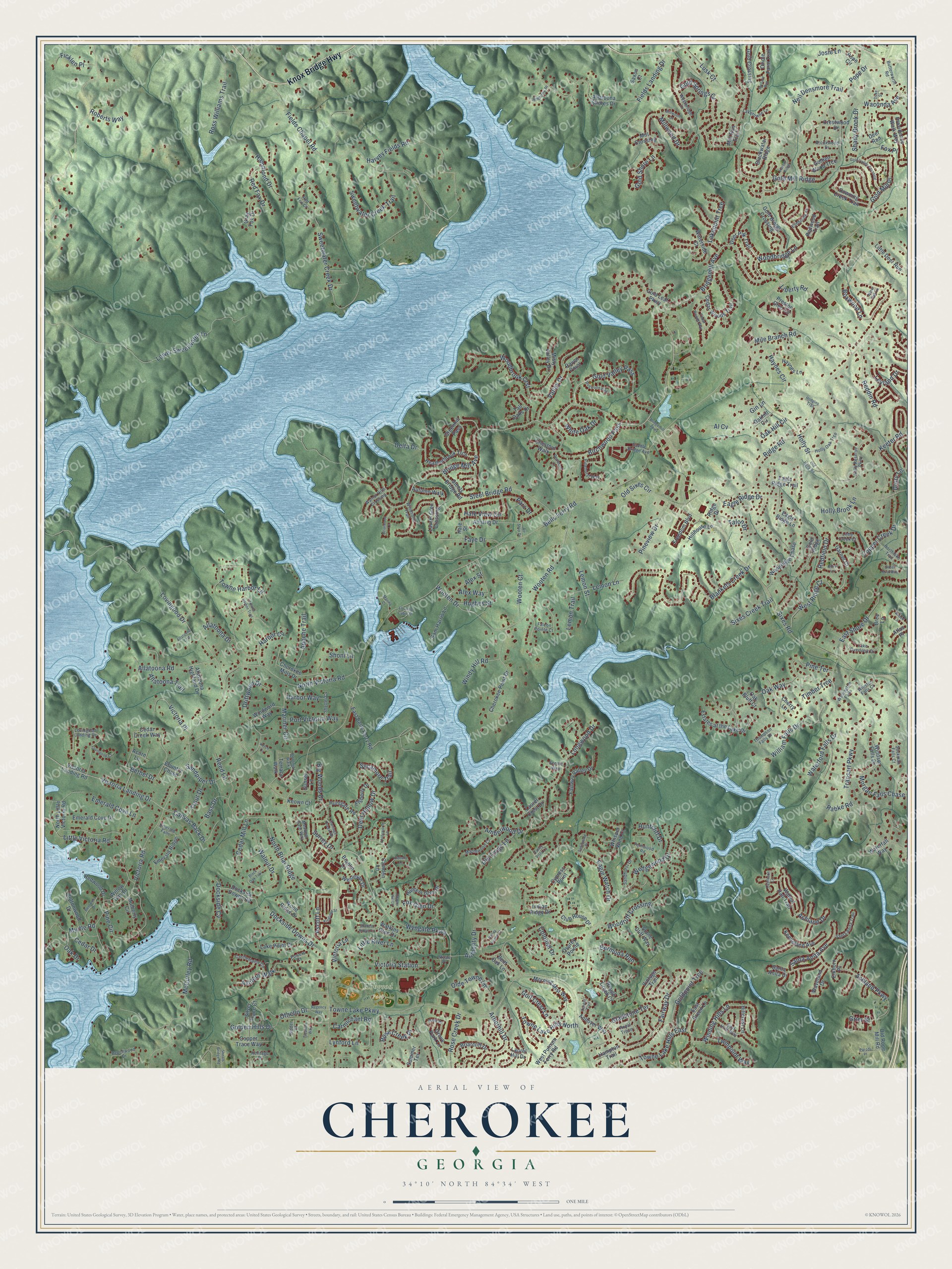 Full map of Cherokee, Georgia, with red buildings, printed street names and the land around them