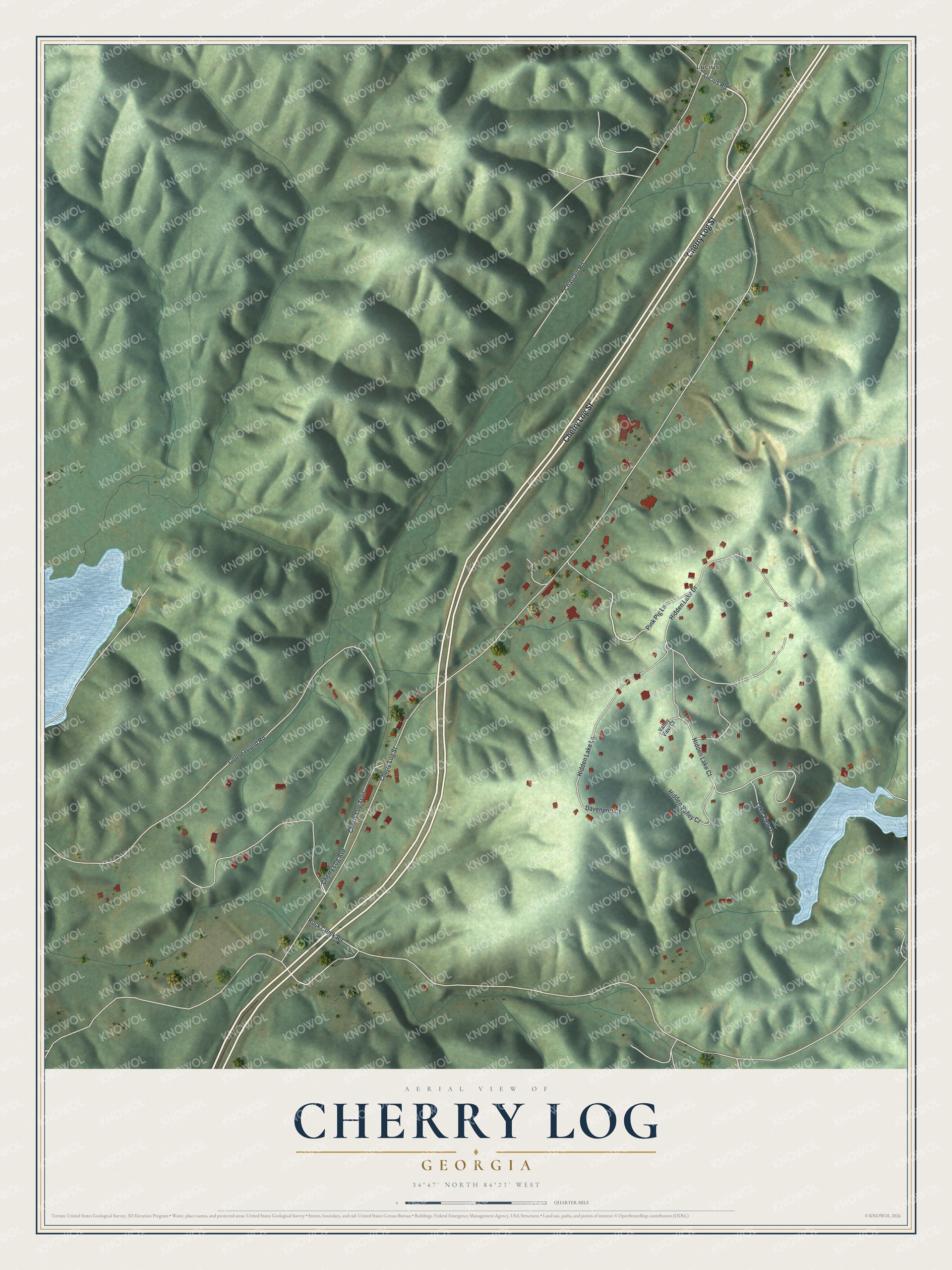 Full map of Cherry Log, Georgia, with red buildings, printed street names and the land around them