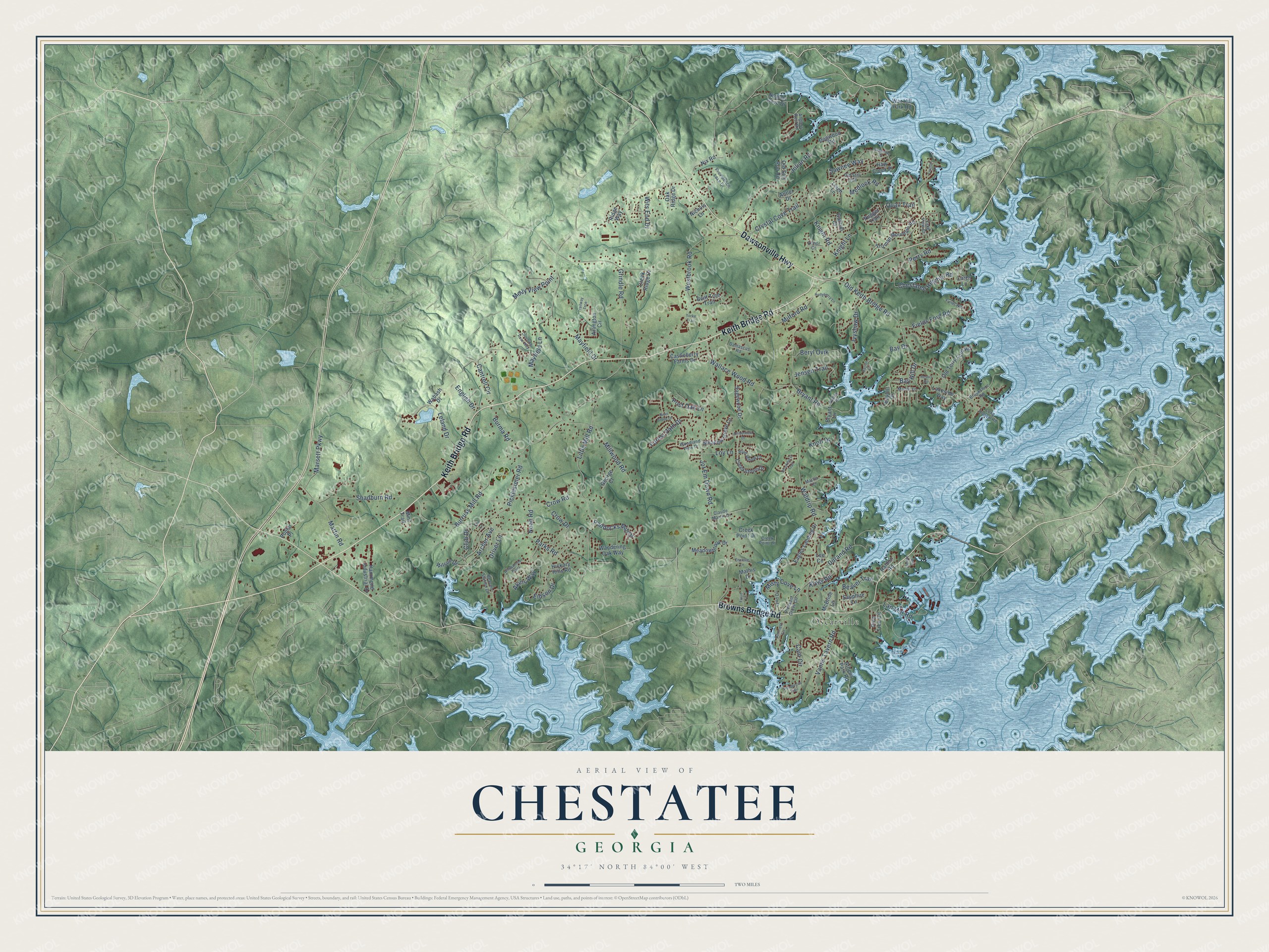 Full map of Chestatee, Georgia, with red buildings, printed street names and the land around them