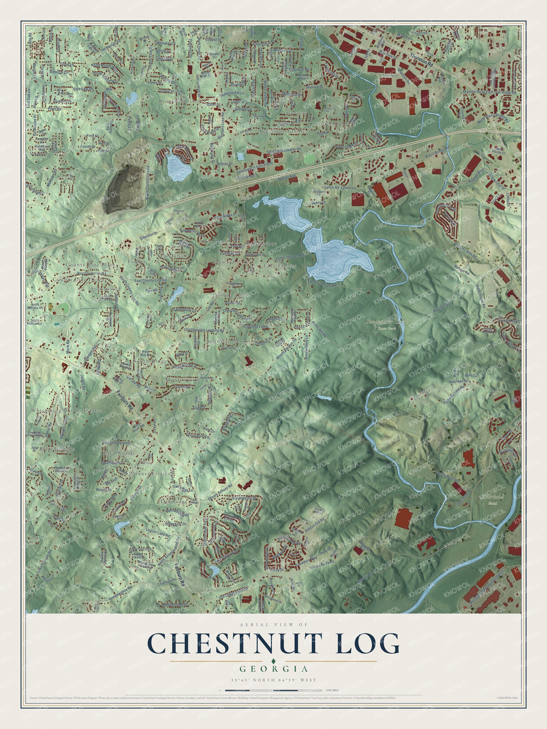 Full map of Chestnut Log, Georgia, with red buildings, printed street names and the land around them
