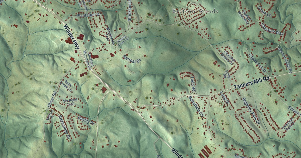 Close-up of streets and buildings in Chestnut Mountain, Georgia