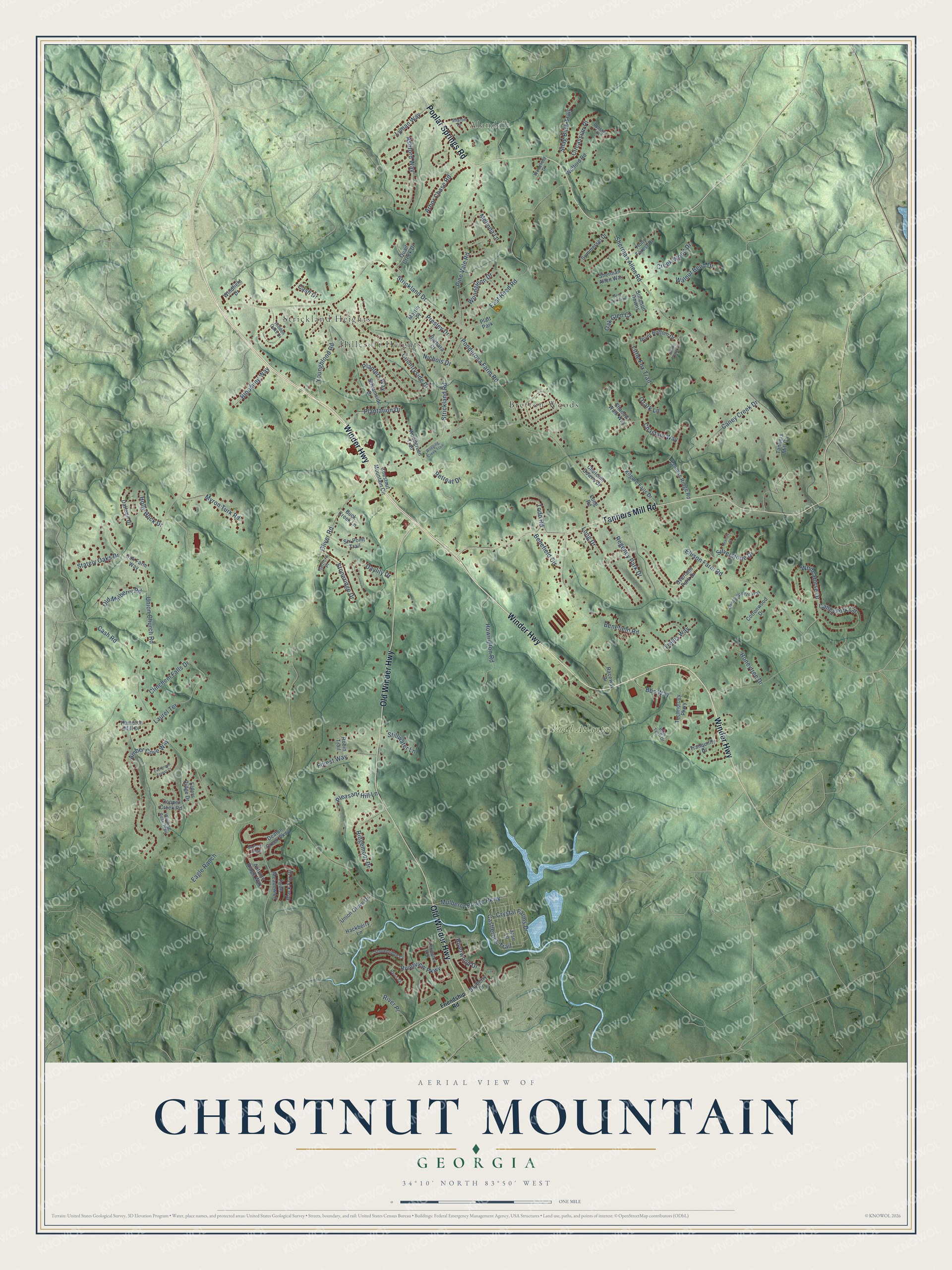 Full map of Chestnut Mountain, Georgia, with red buildings, printed street names and the land around them