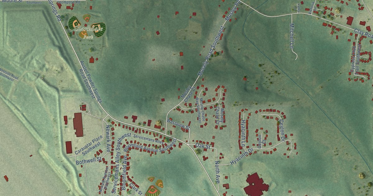 Close-up of streets and buildings in Clarkdale, Georgia