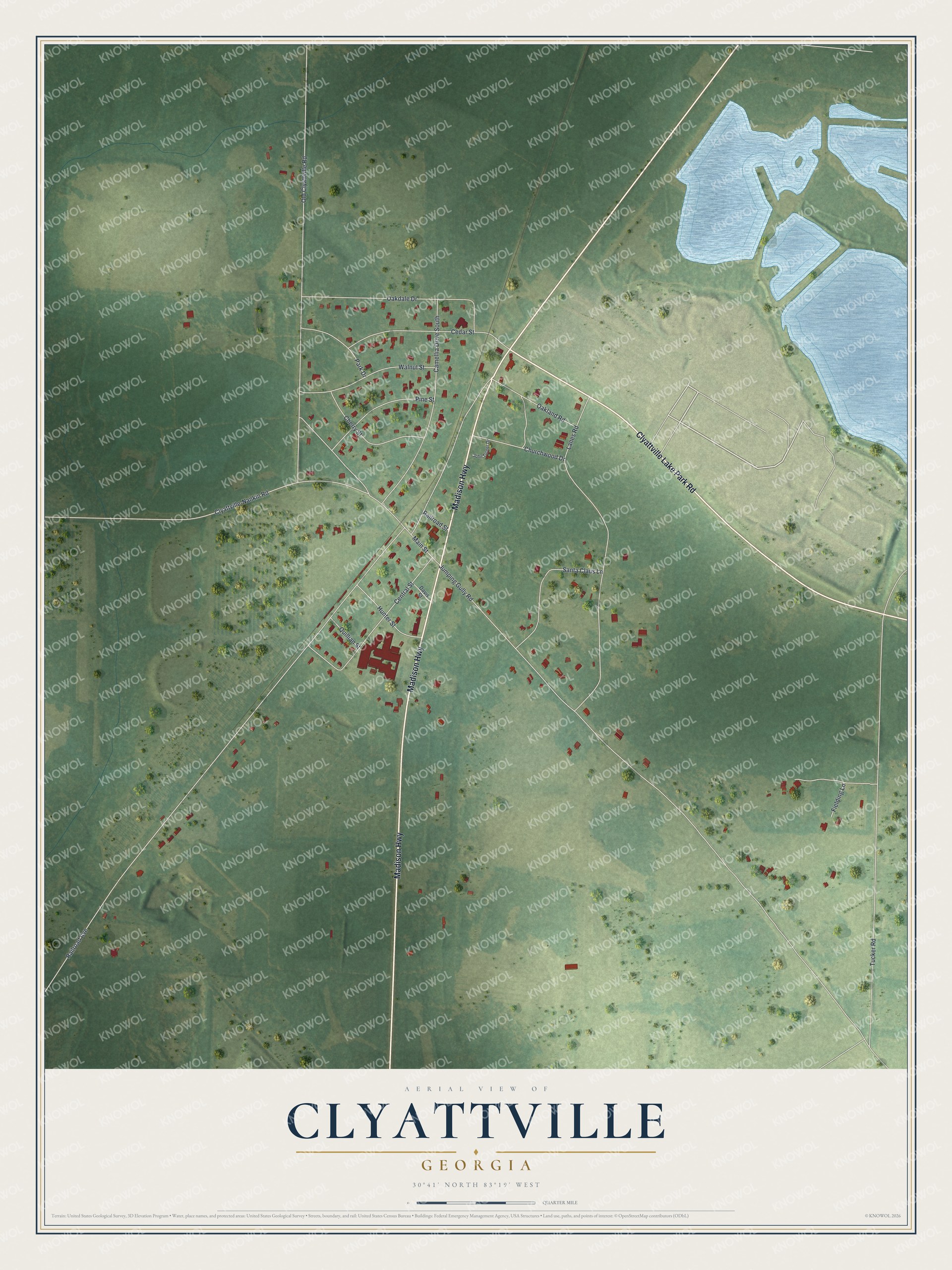Full map of Clyattville, Georgia, with red buildings, printed street names and the land around them