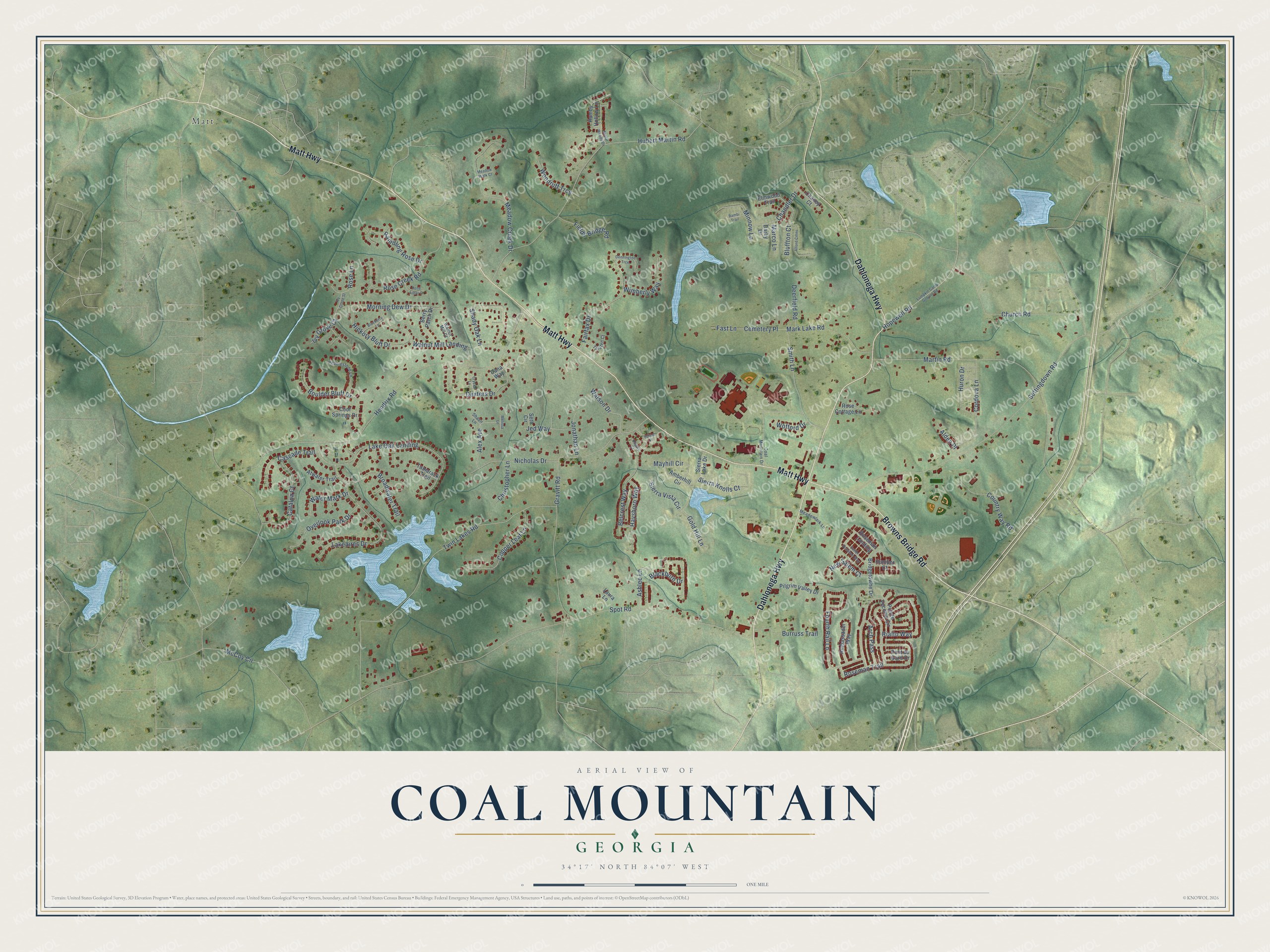 Full map of Coal Mountain, Georgia, with red buildings, printed street names and the land around them