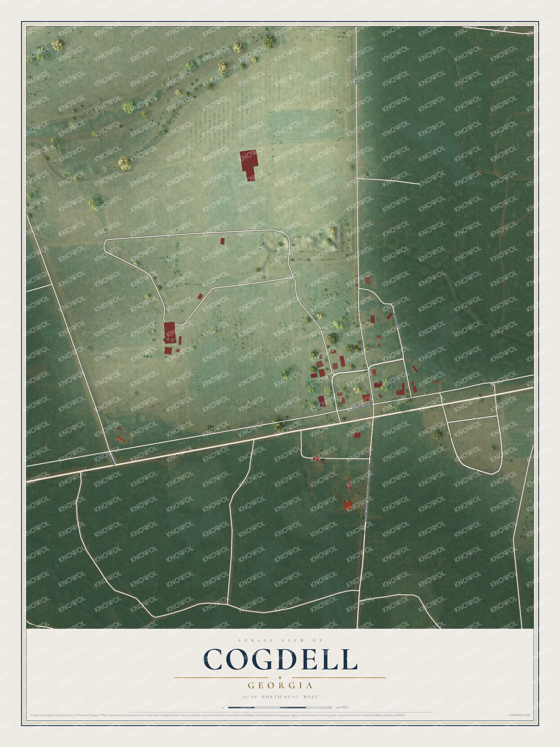 Full map of Cogdell, Georgia, with red buildings, printed street names and the land around them