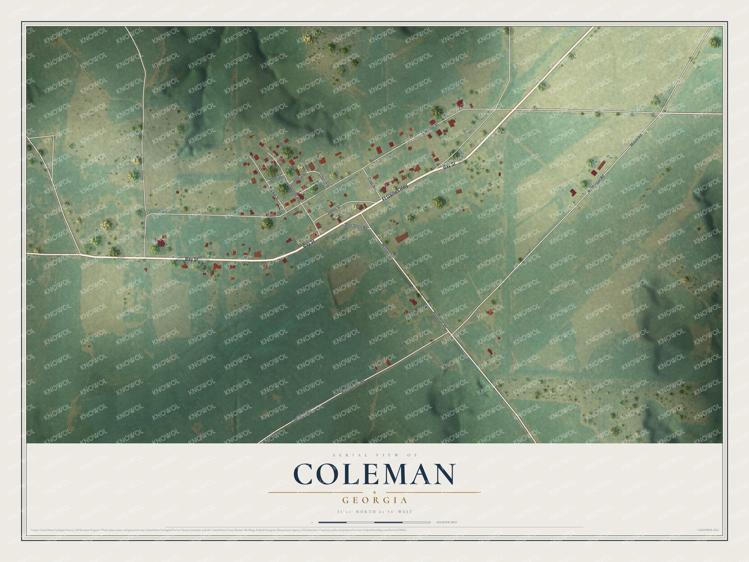 Full map of Coleman, Georgia, with red buildings, printed street names and the land around them