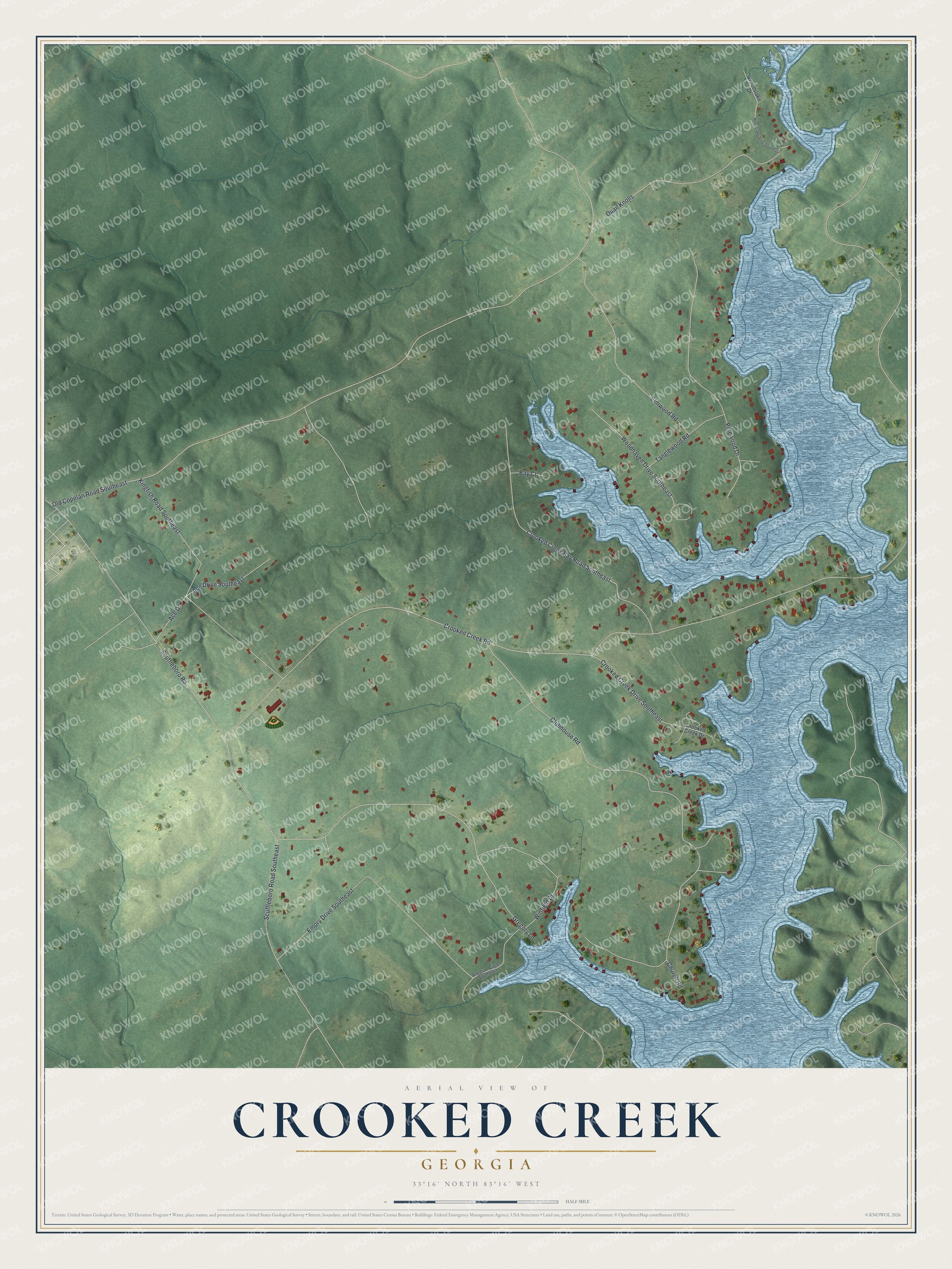 Full map of Crooked Creek, Georgia, with red buildings, printed street names and the land around them