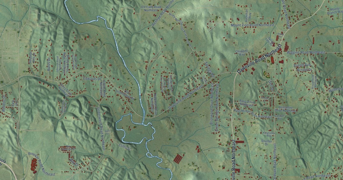 Close-up of streets and buildings in Dawnville, Georgia