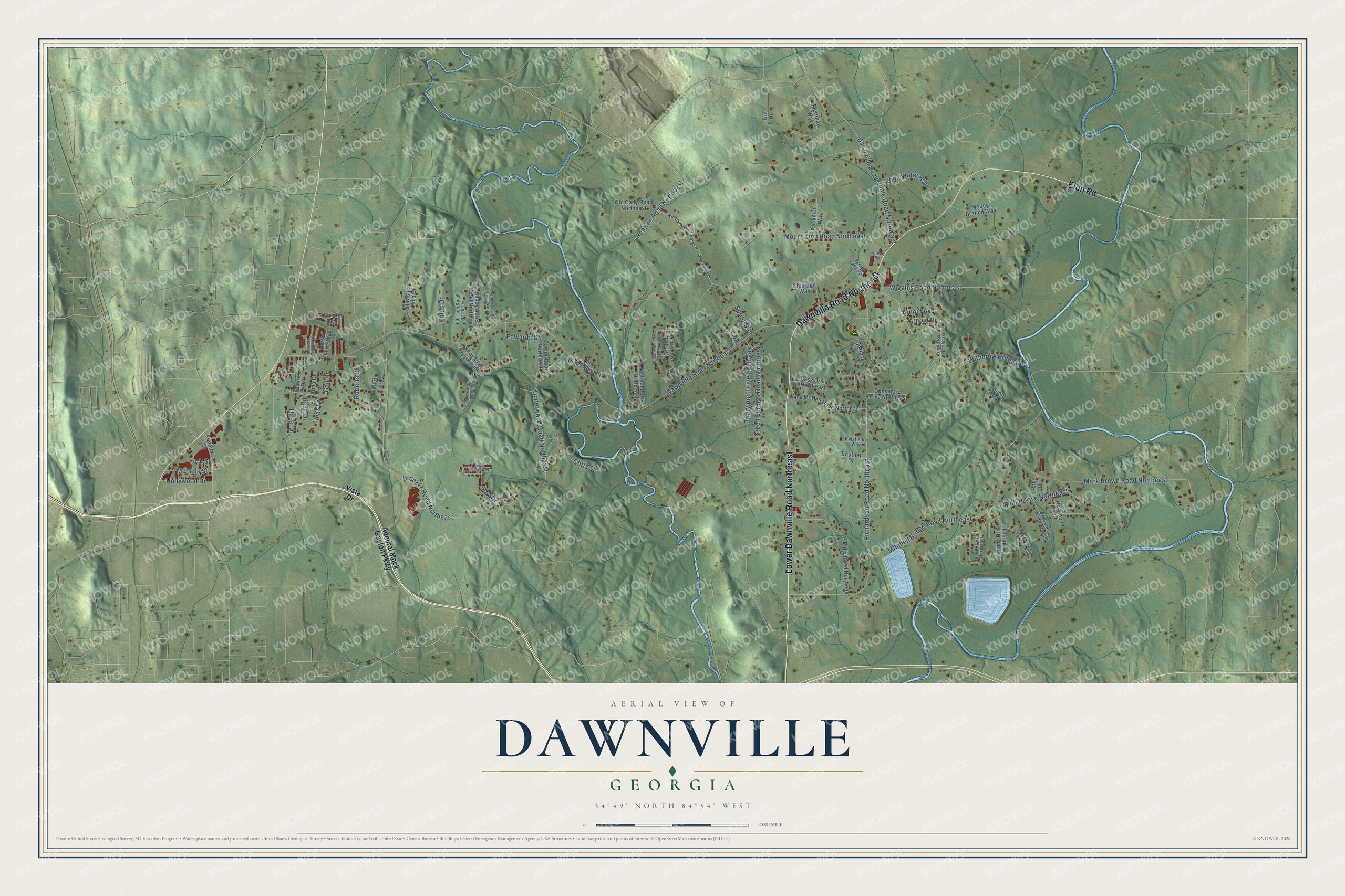 Full map of Dawnville, Georgia, with red buildings, printed street names and the land around them