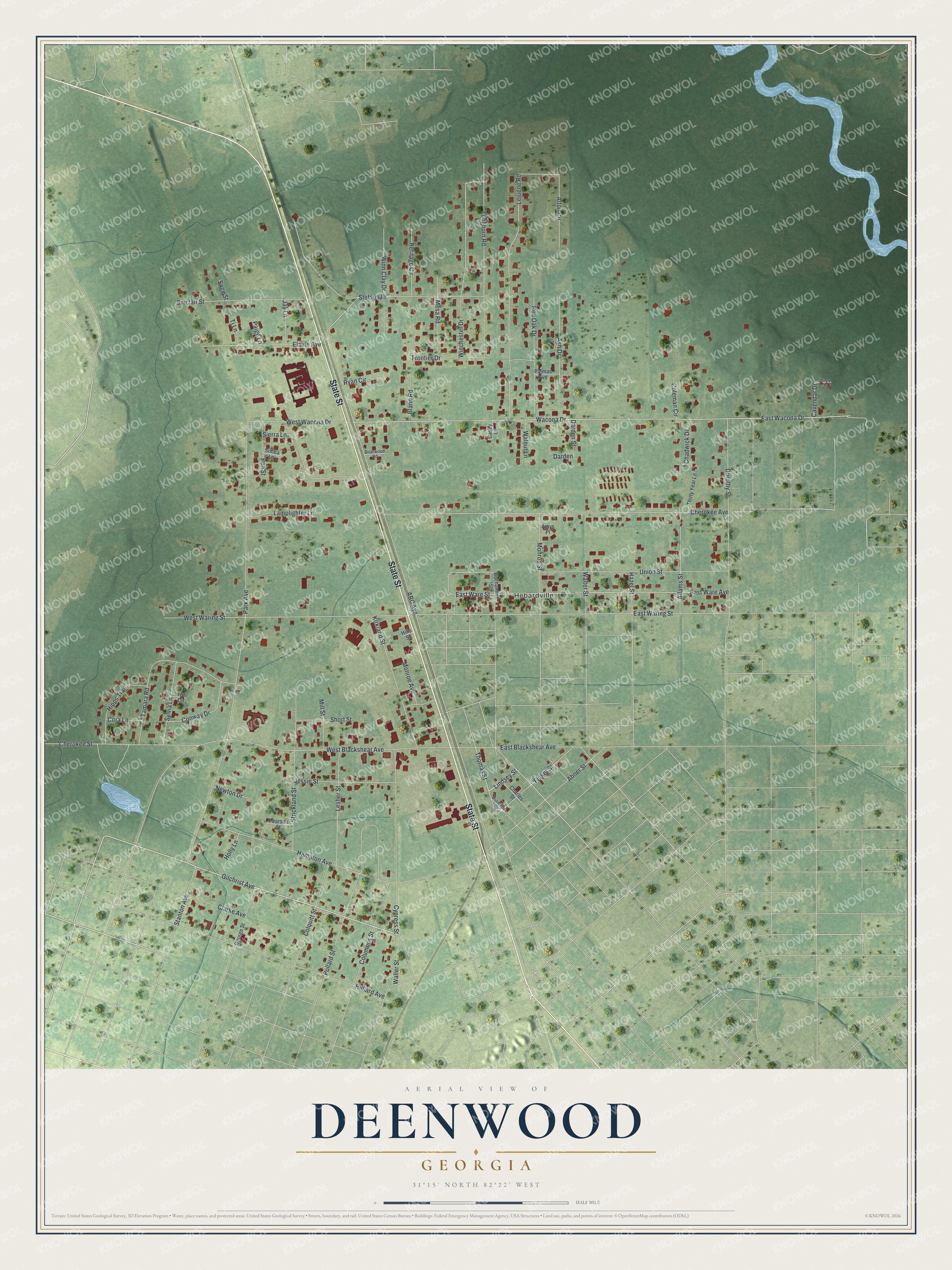 Full map of Deenwood, Georgia, with red buildings, printed street names and the land around them