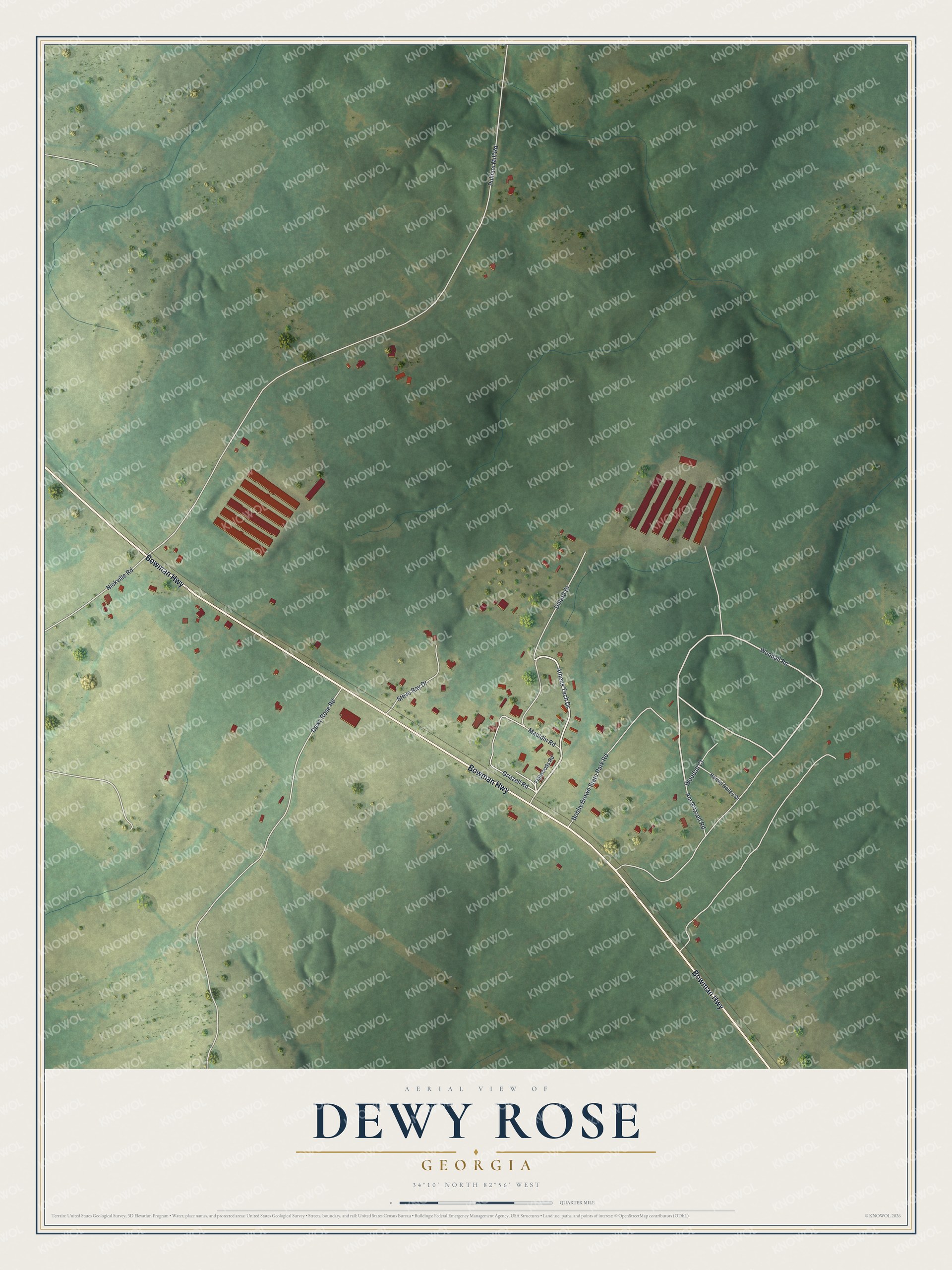Full map of Dewy Rose, Georgia, with red buildings, printed street names and the land around them