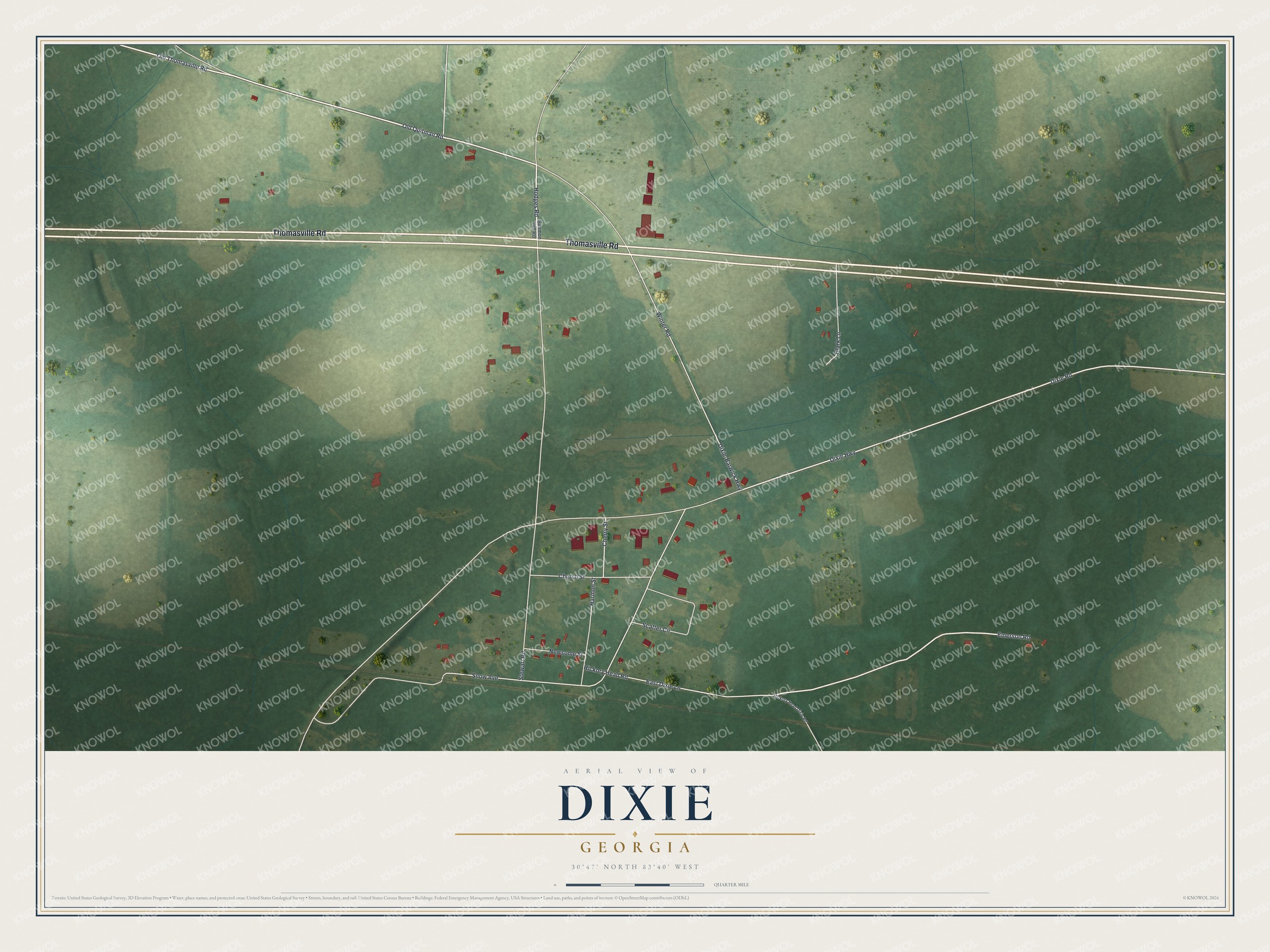 Full map of Dixie, Georgia, with red buildings, printed street names and the land around them