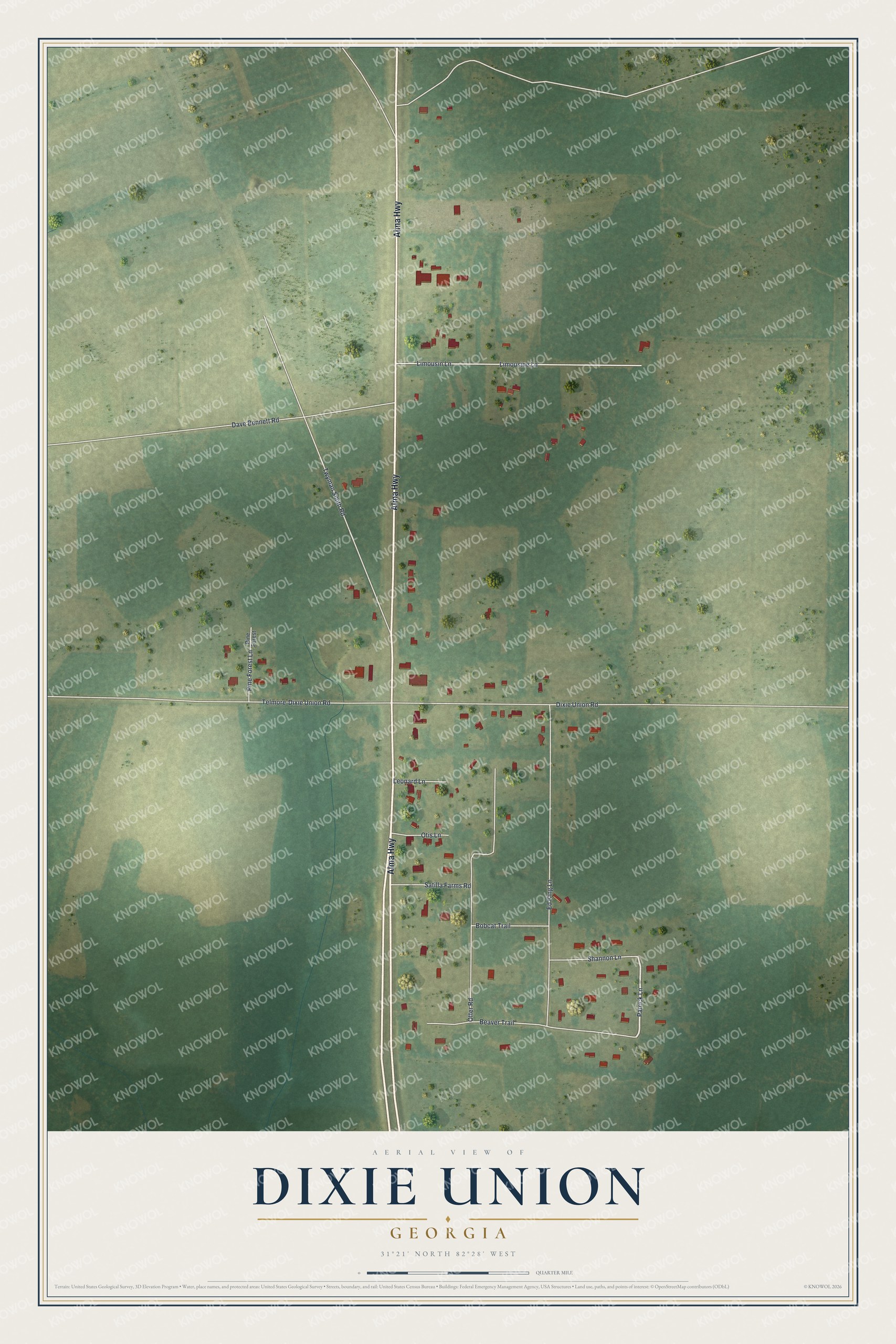 Full map of Dixie Union, Georgia, with red buildings, printed street names and the land around them