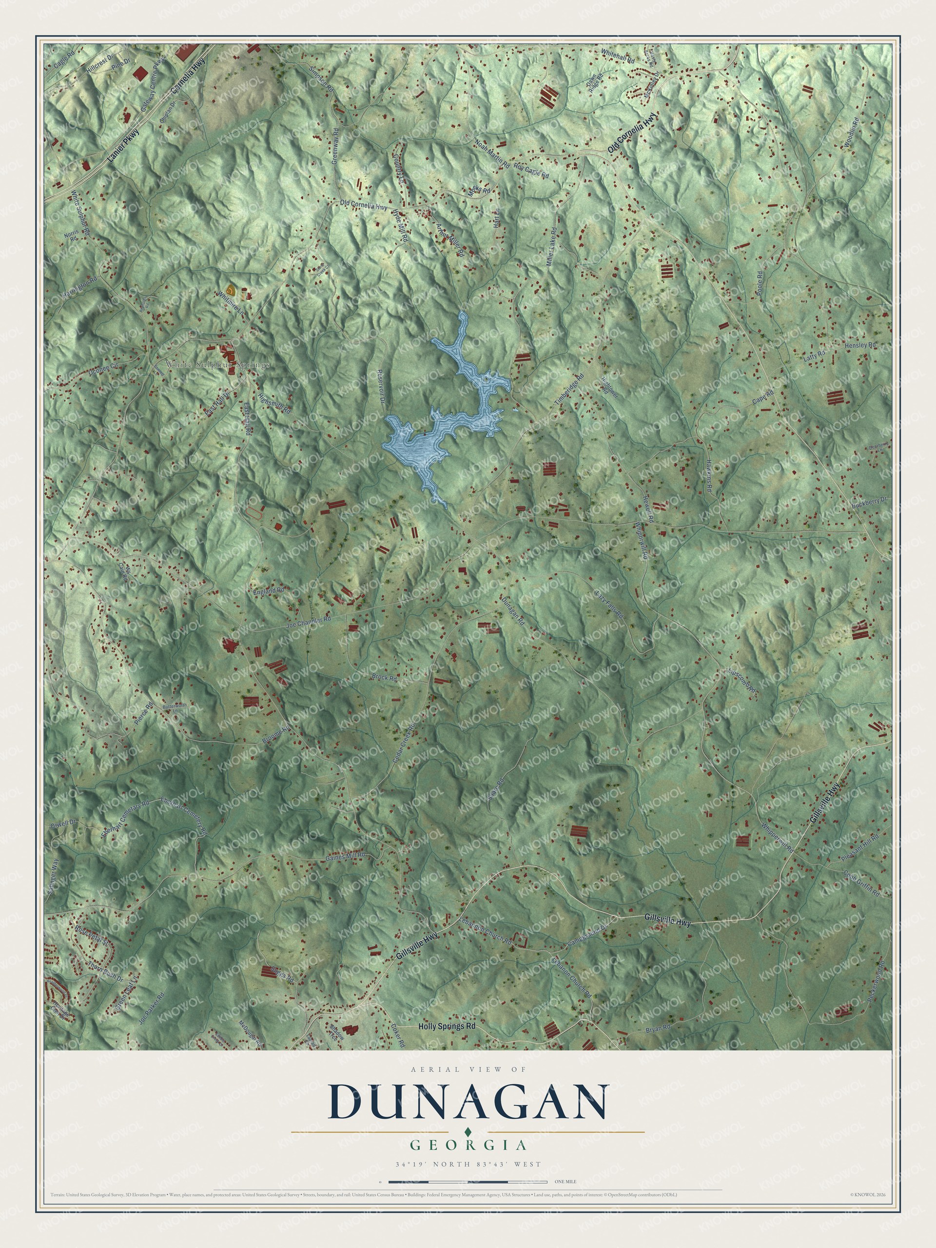 Full map of Dunagan, Georgia, with red buildings, printed street names and the land around them