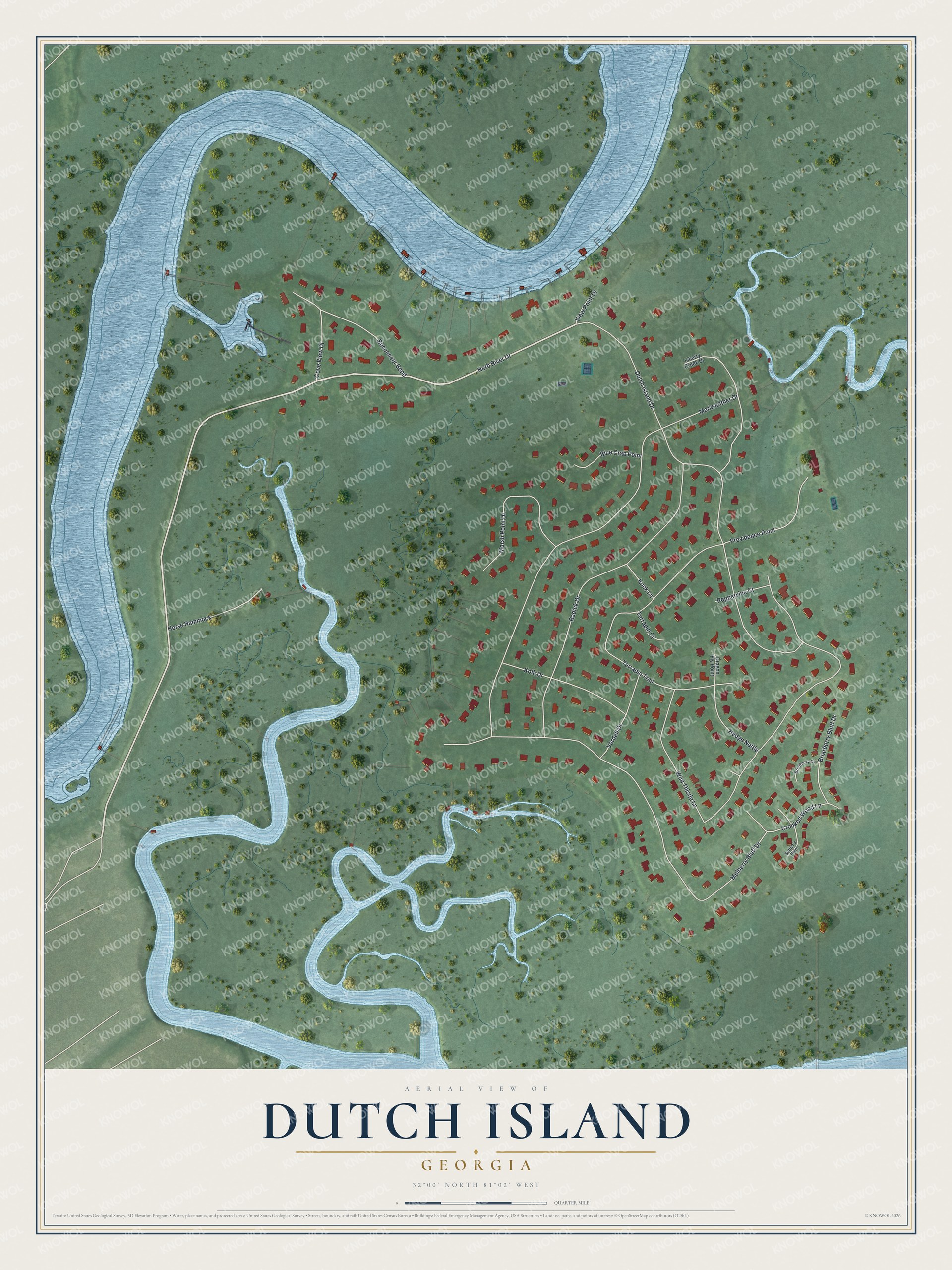 Full map of Dutch Island, Georgia, with red buildings, printed street names and the land around them