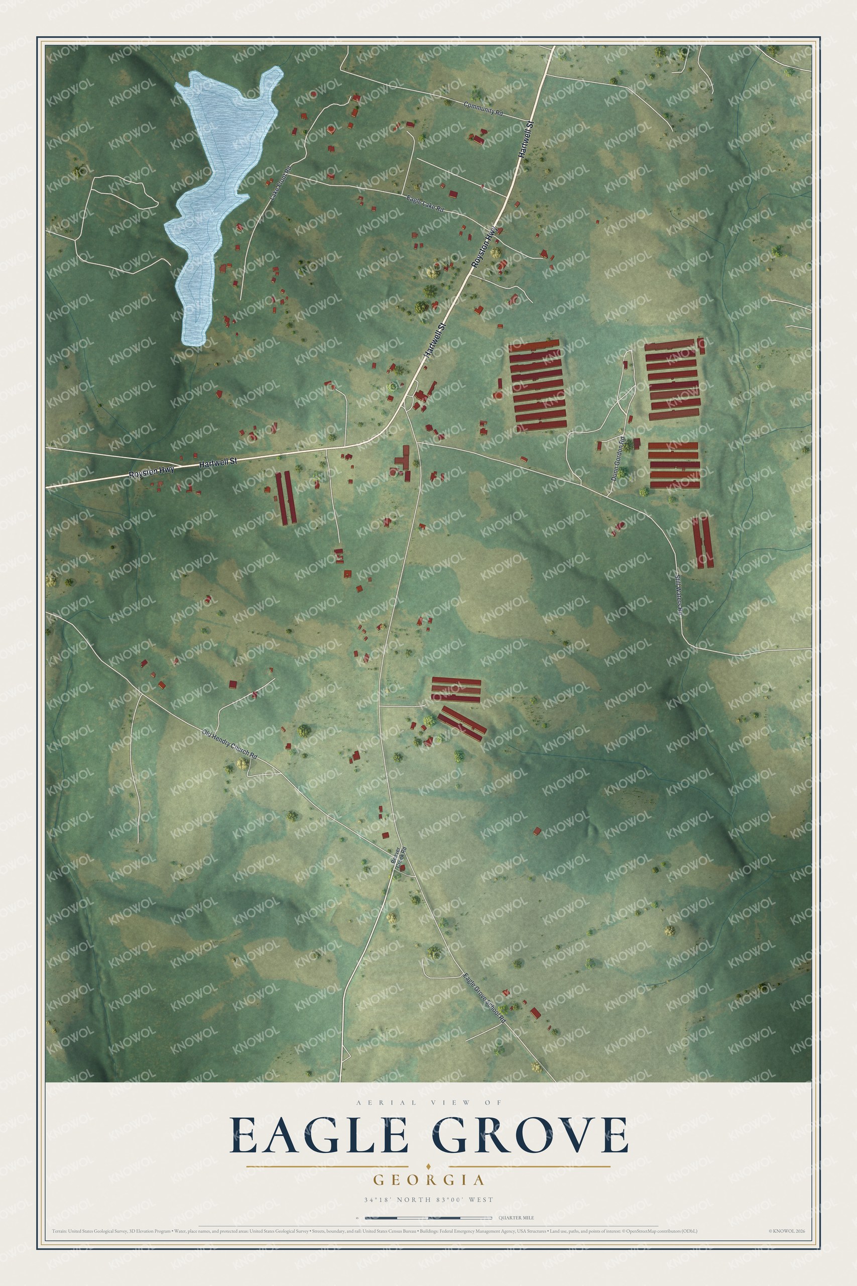 Full map of Eagle Grove, Georgia, with red buildings, printed street names and the land around them