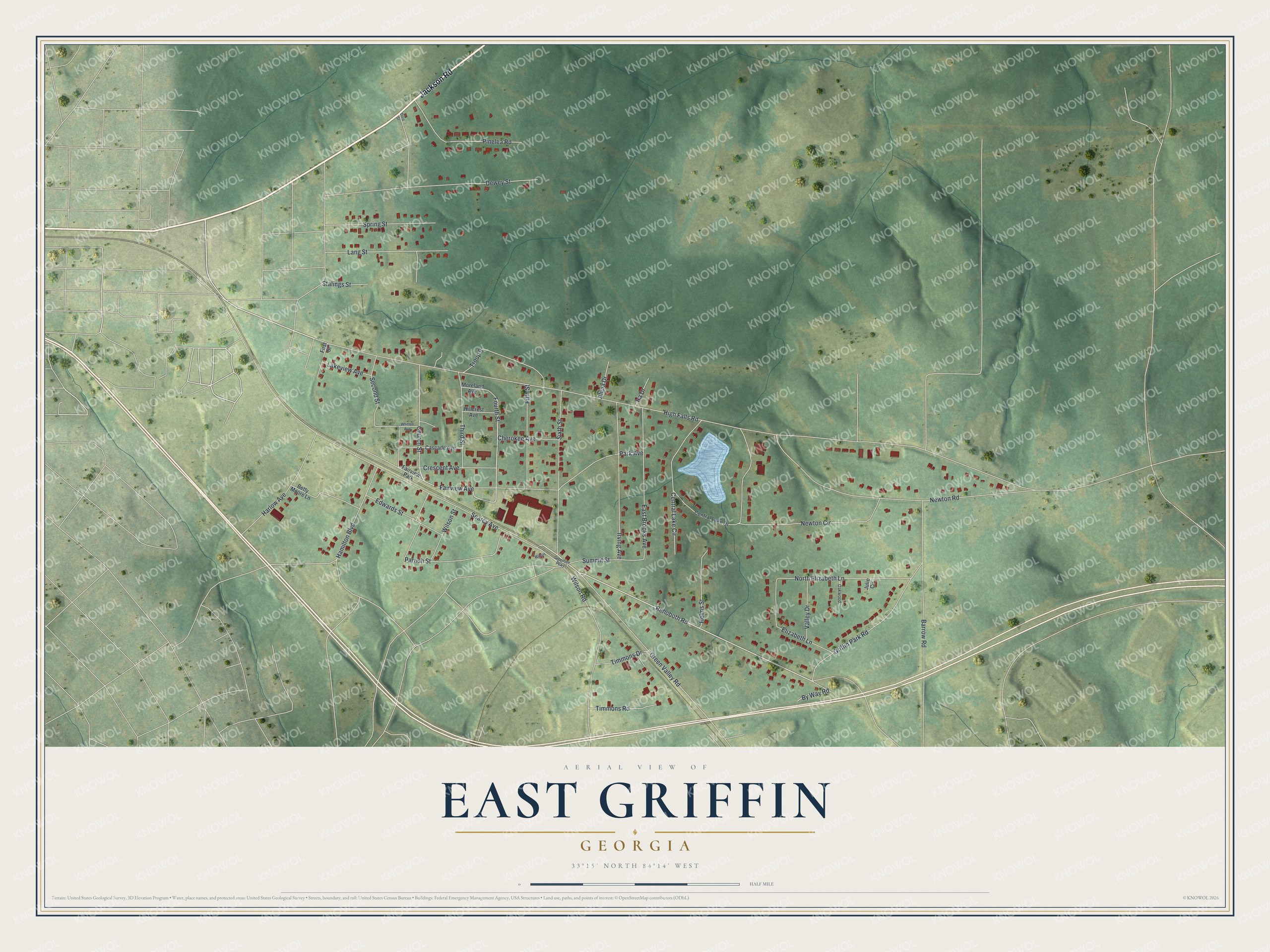 Full map of East Griffin, Georgia, with red buildings, printed street names and the land around them
