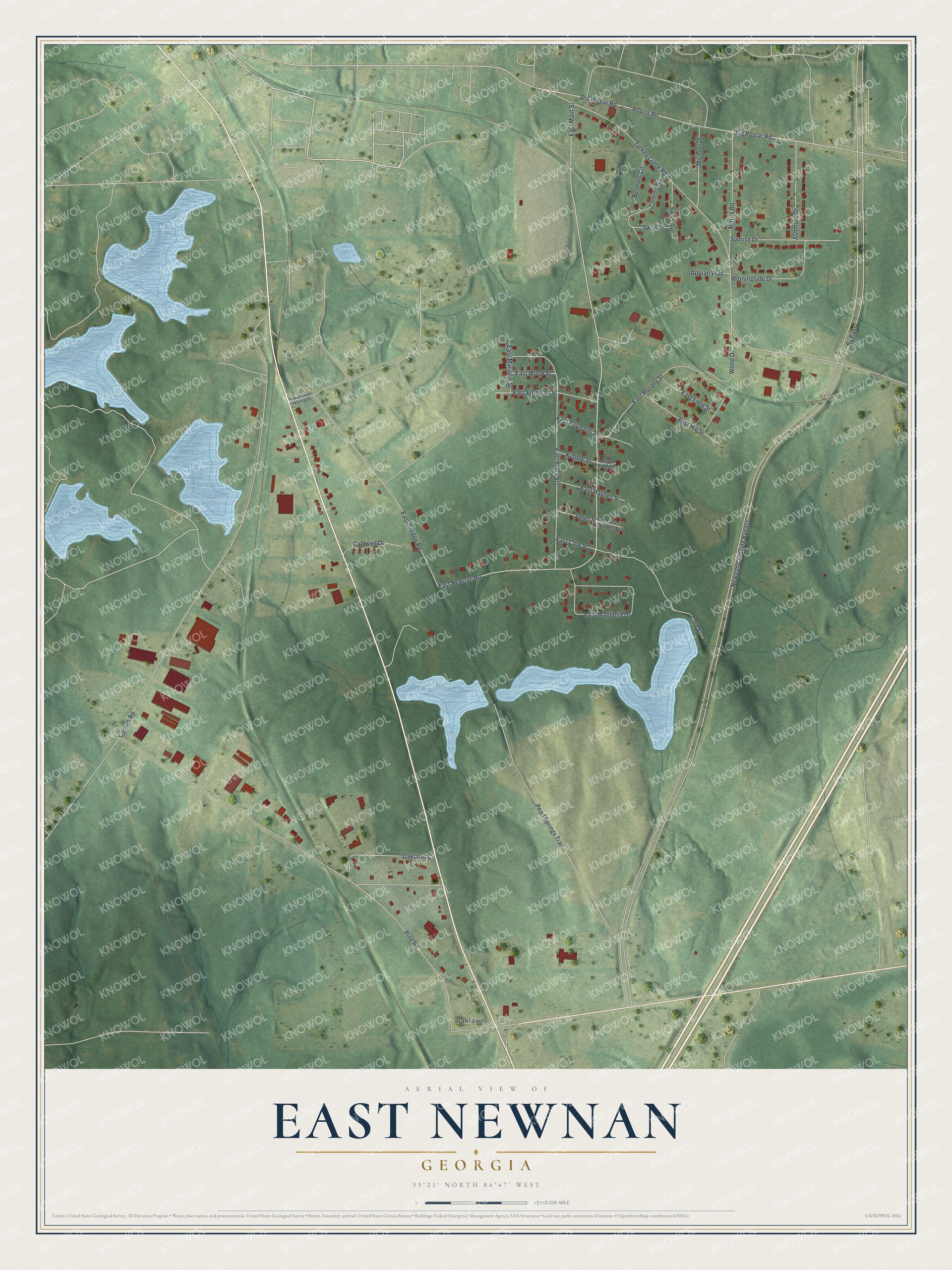 Full map of East Newnan, Georgia, with red buildings, printed street names and the land around them