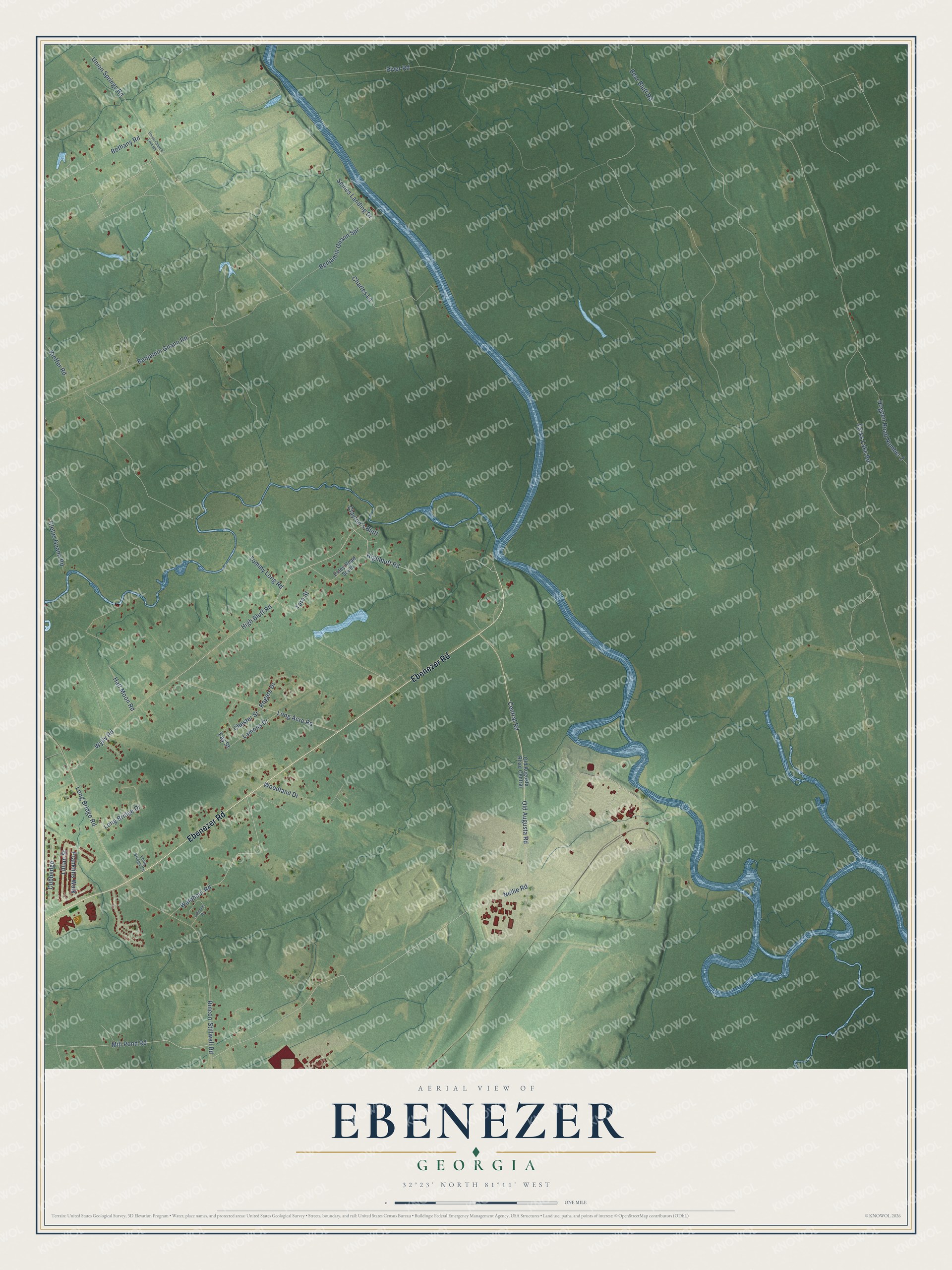 Full map of Ebenezer, Georgia, with red buildings, printed street names and the land around them