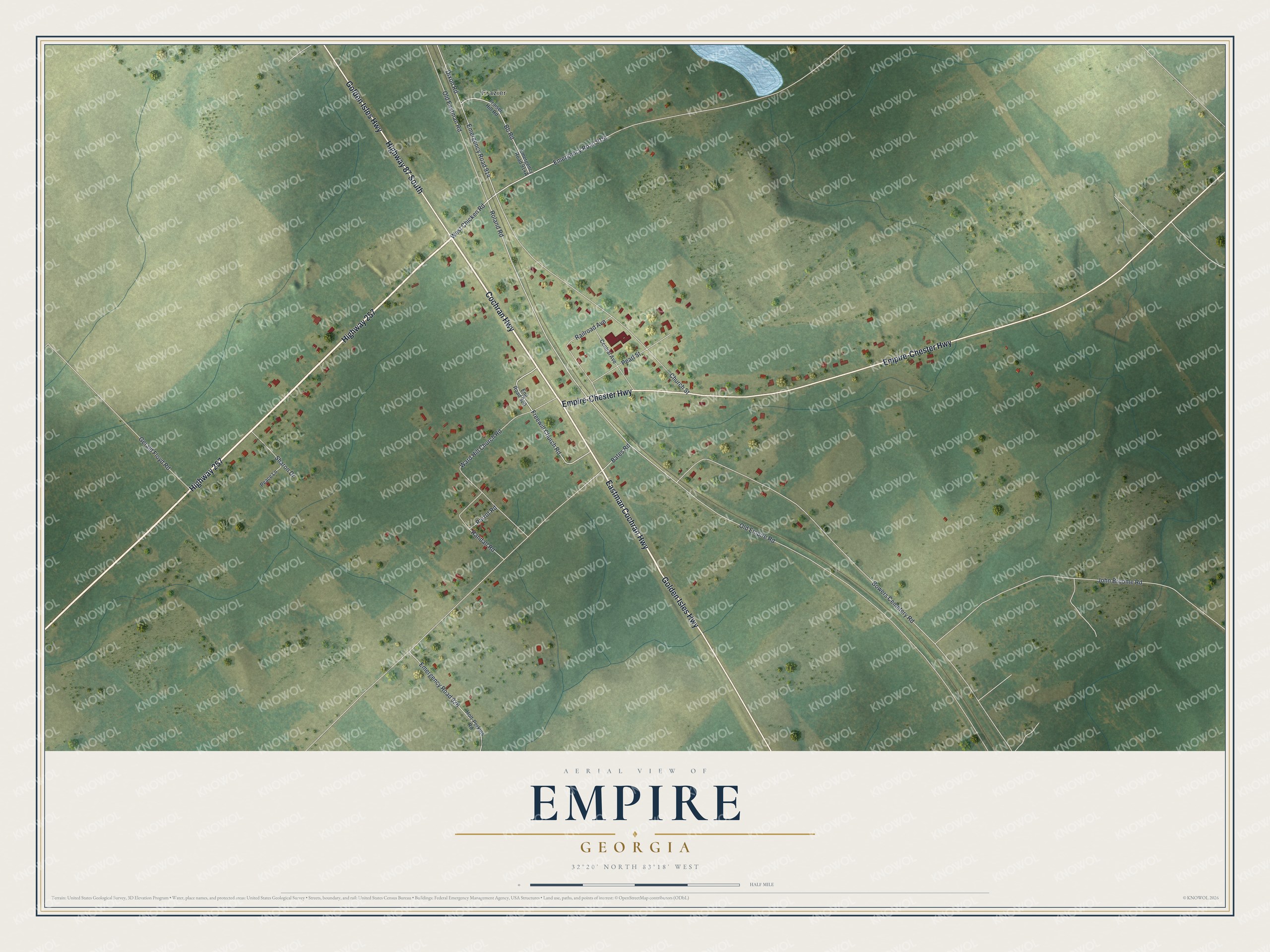 Full map of Empire, Georgia, with red buildings, printed street names and the land around them