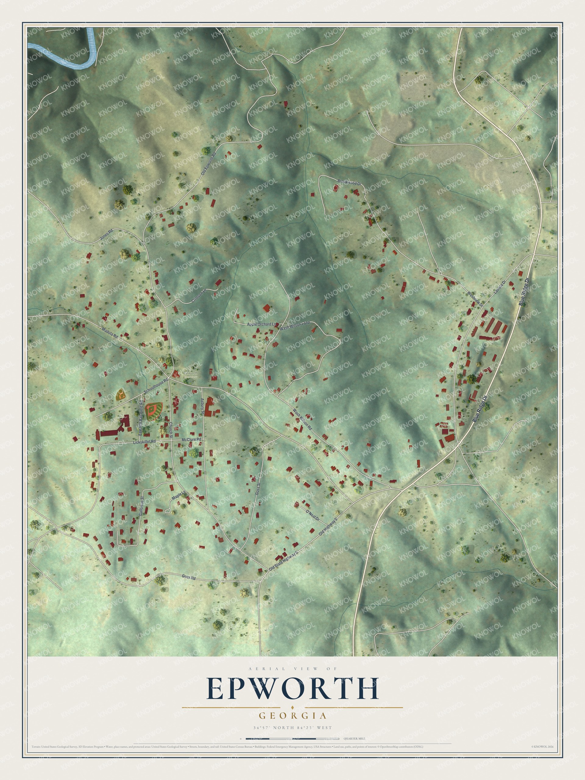 Full map of Epworth, Georgia, with red buildings, printed street names and the land around them