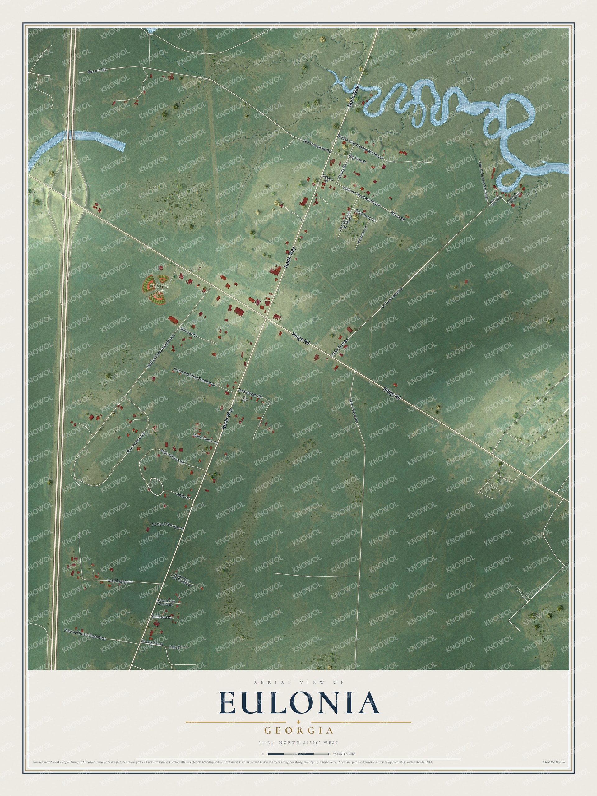 Full map of Eulonia, Georgia, with red buildings, printed street names and the land around them