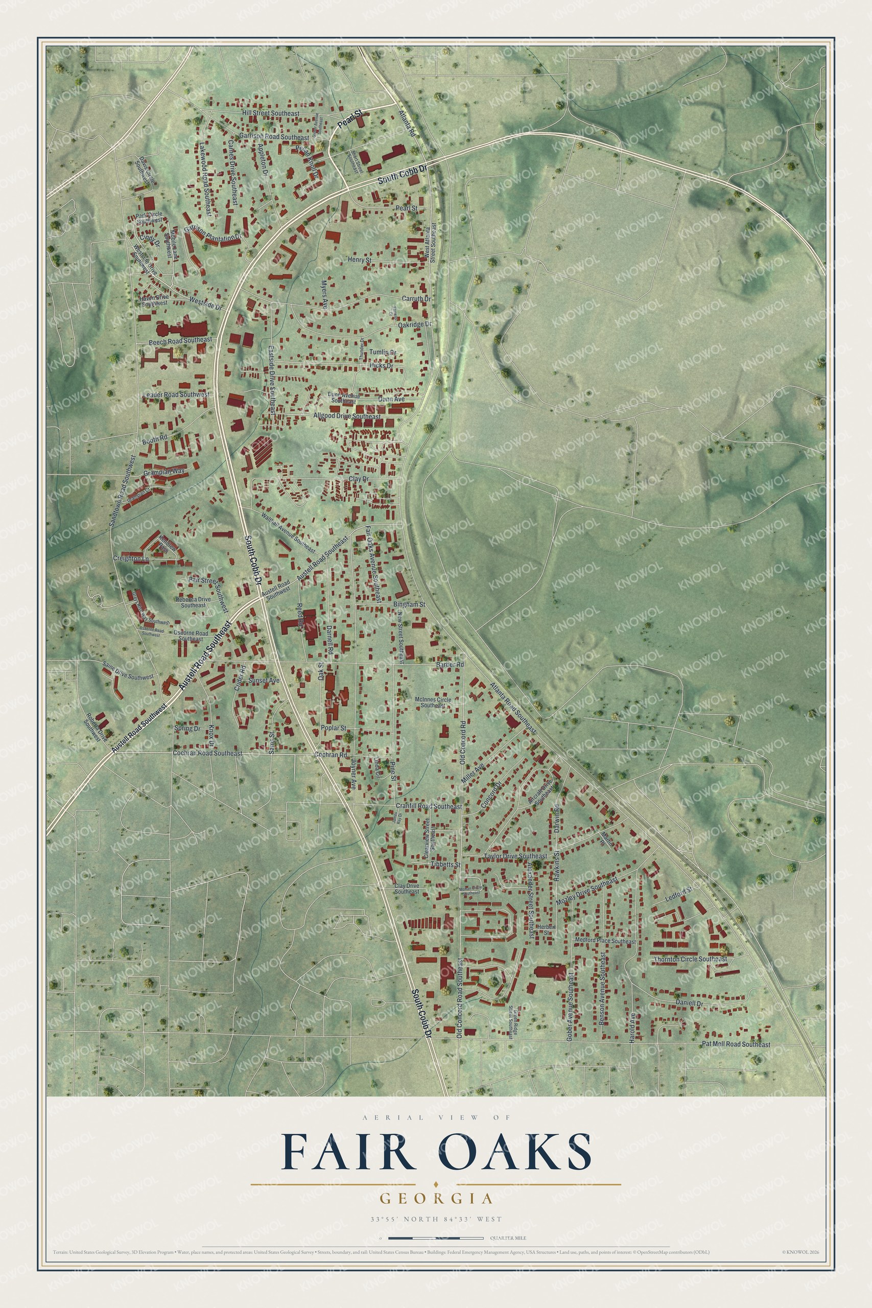 Full map of Fair Oaks, Georgia, with red buildings, printed street names and the land around them