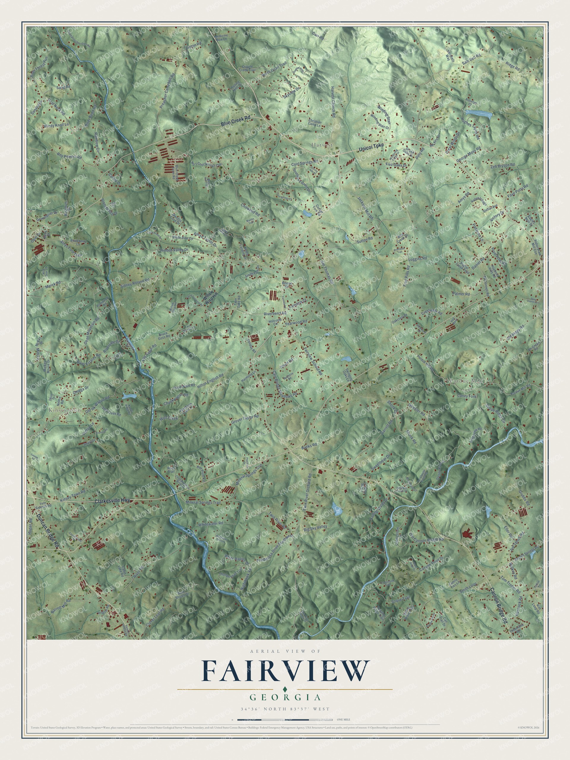 Full map of Fairview, Georgia, with red buildings, printed street names and the land around them