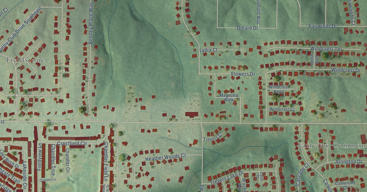 Close-up of streets and buildings in Fairview, Newton County, Georgia