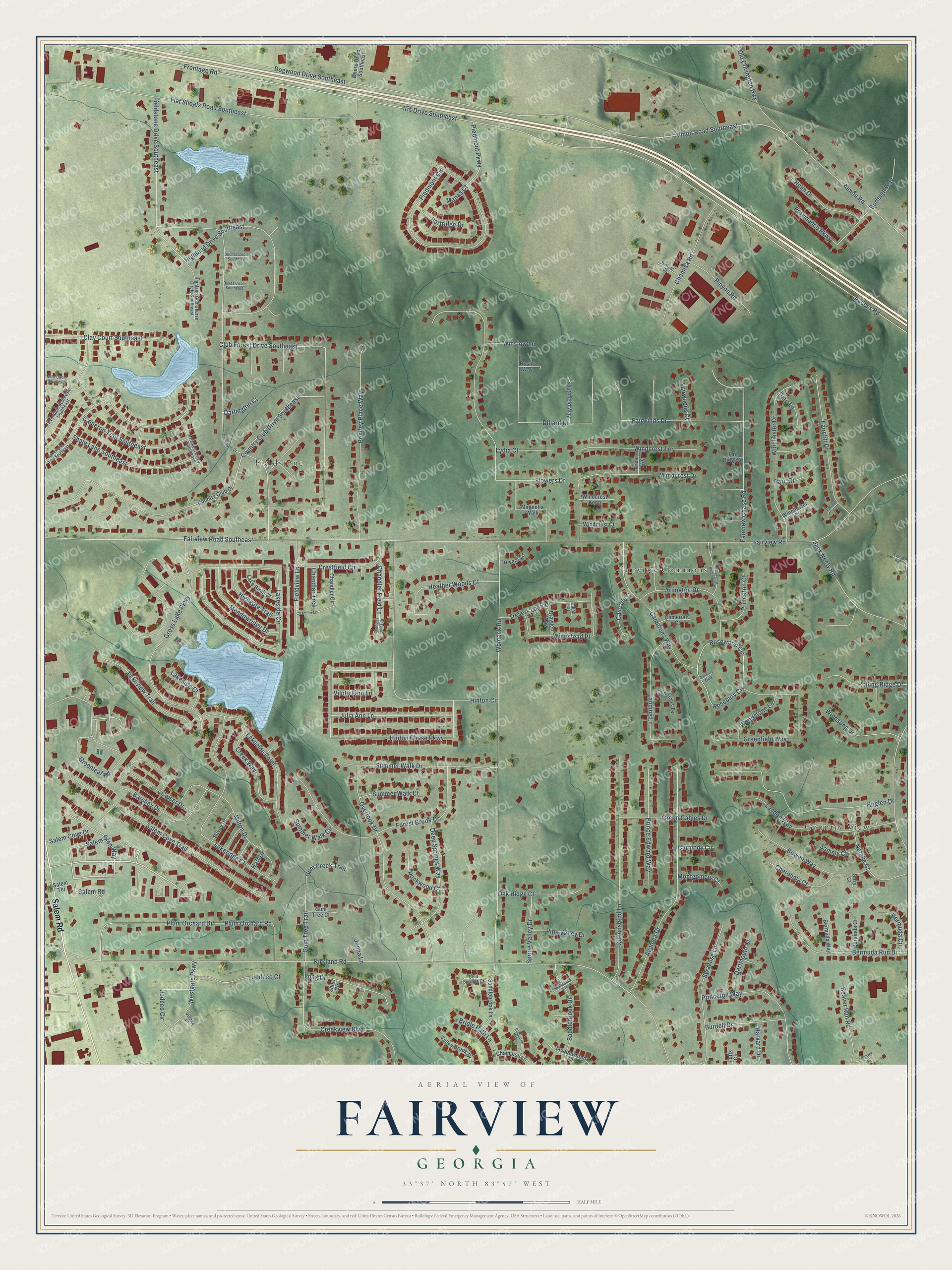 Full map of Fairview, Georgia, with red buildings, printed street names and the land around them