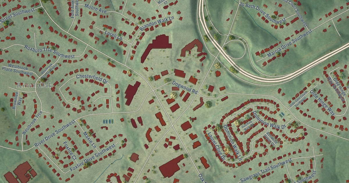 Close-up of streets and buildings in Five Forks, Georgia