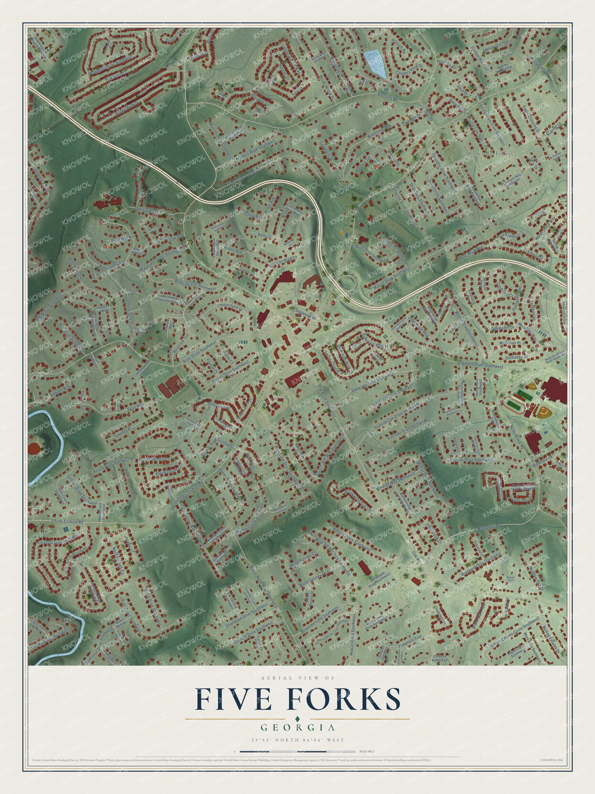 Full map of Five Forks, Georgia, with red buildings, printed street names and the land around them