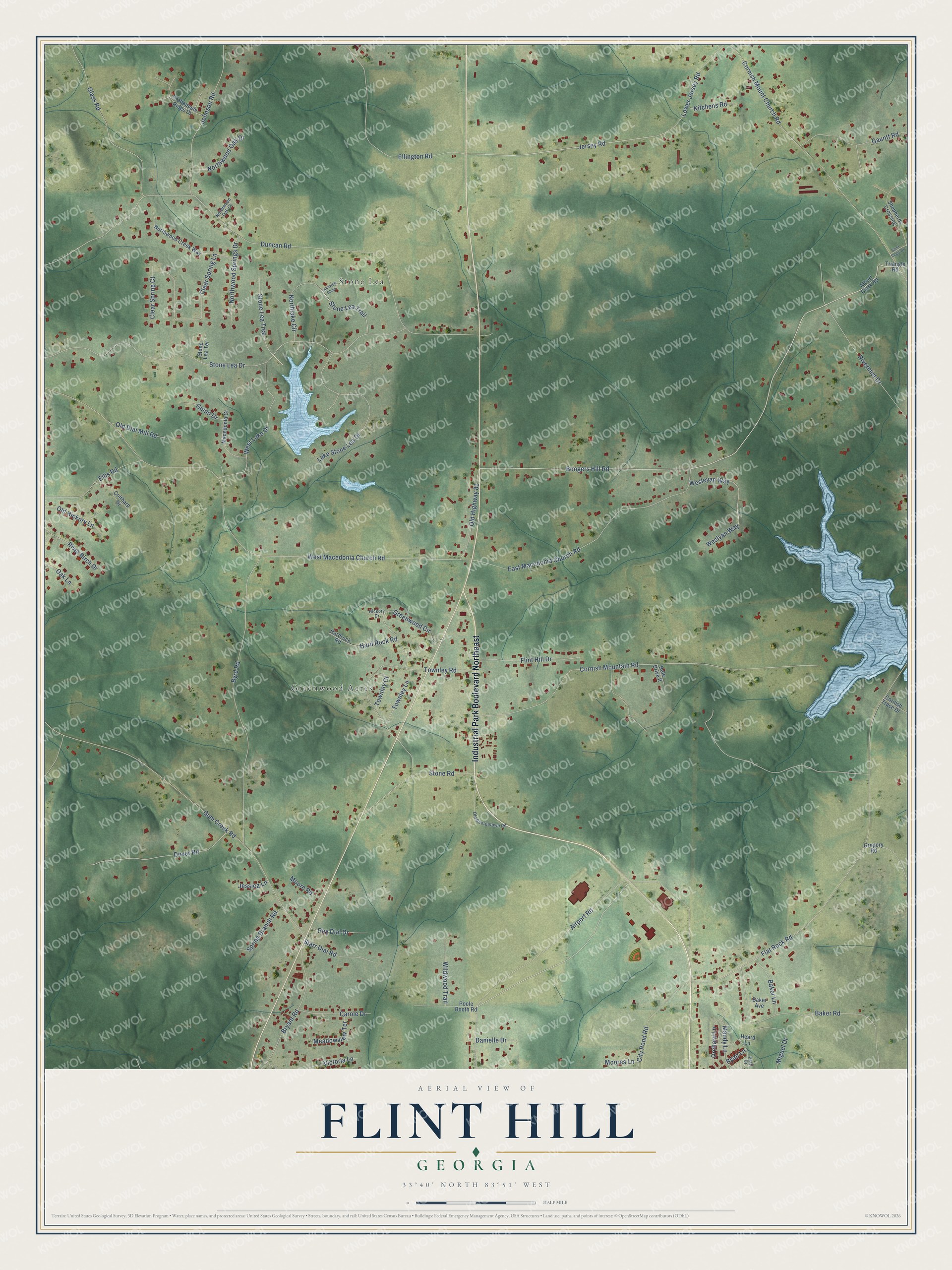 Full map of Flint Hill, Georgia, with red buildings, printed street names and the land around them