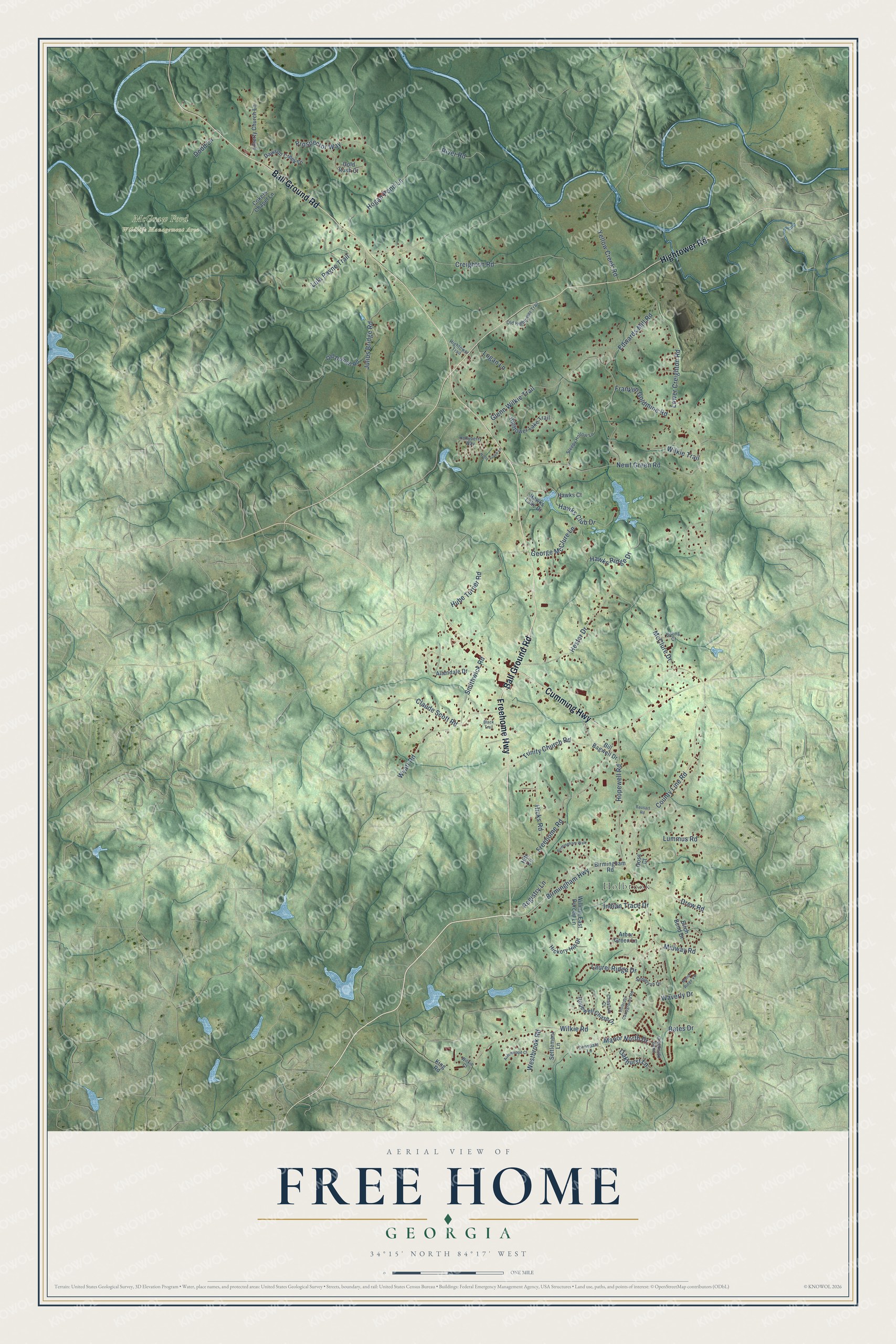 Full map of Free Home, Georgia, with red buildings, printed street names and the land around them