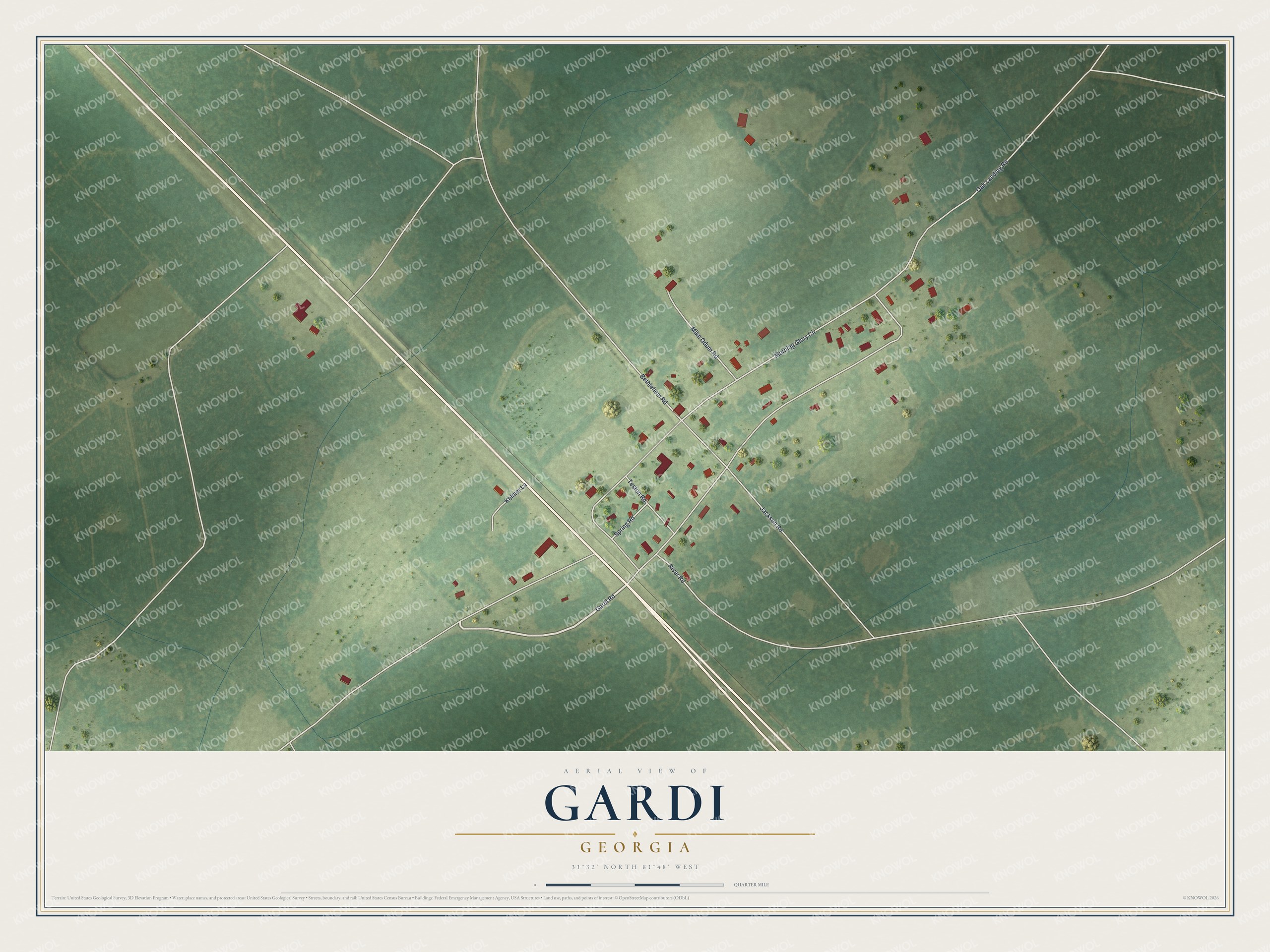 Full map of Gardi, Georgia, with red buildings, printed street names and the land around them