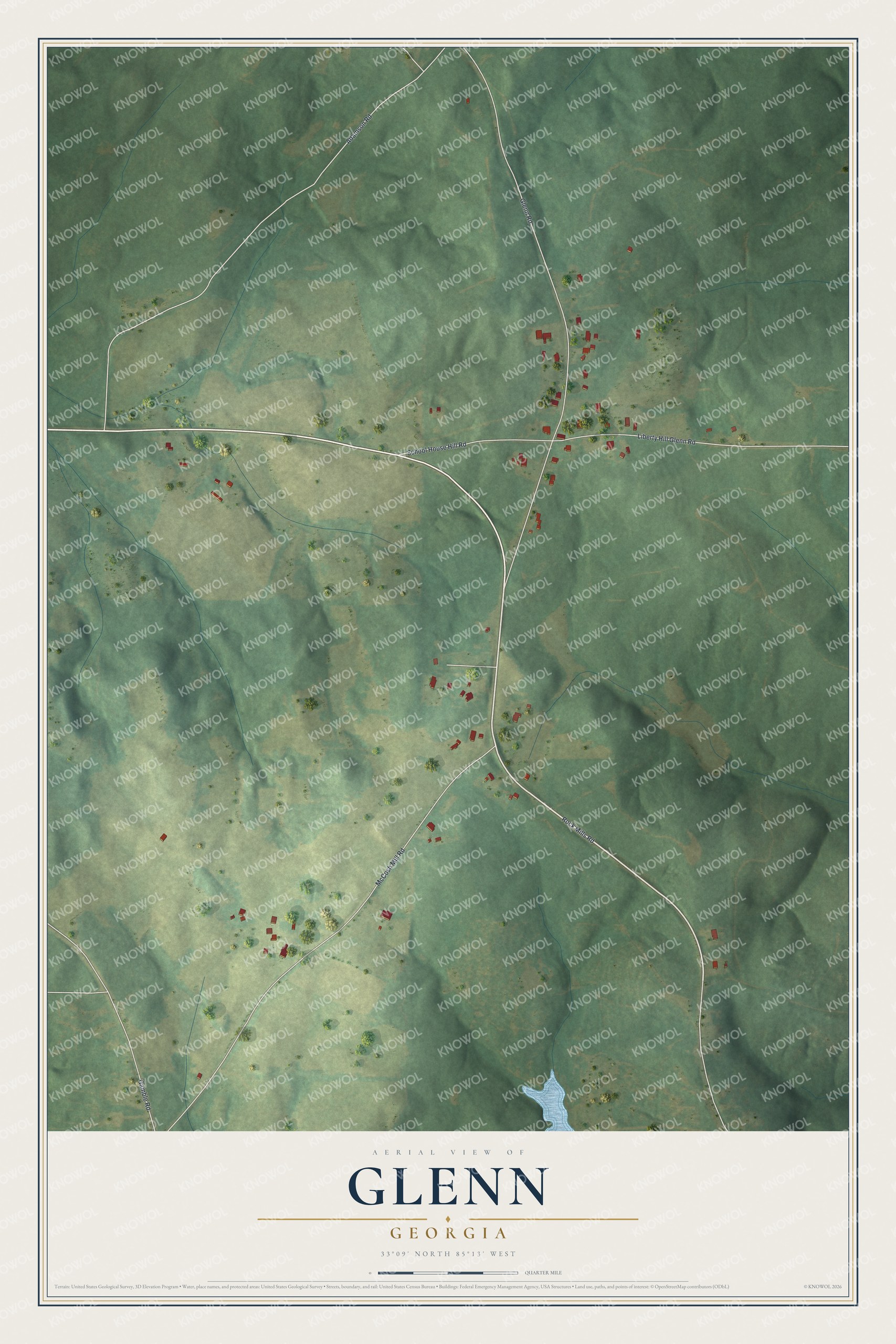 Full map of Glenn, Georgia, with red buildings, printed street names and the land around them