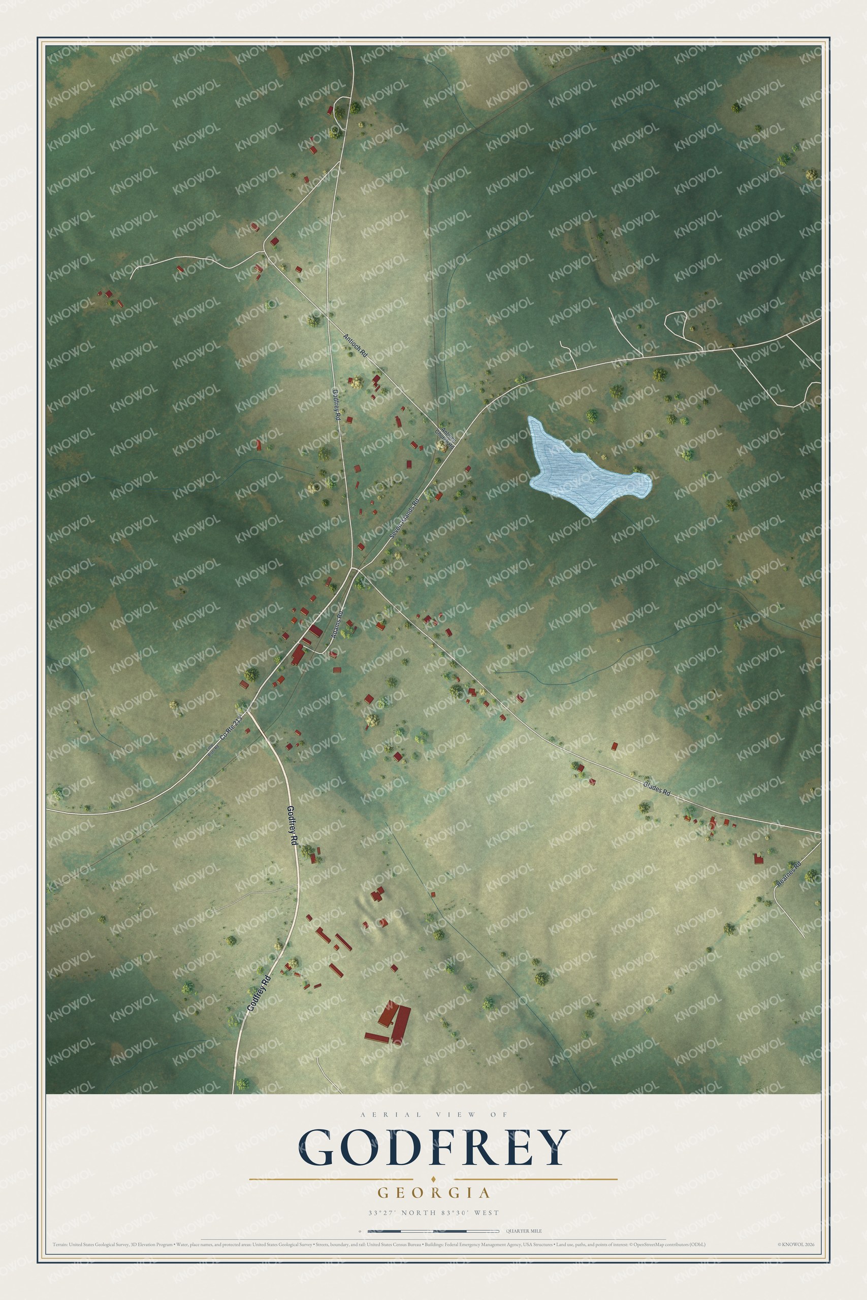 Full map of Godfrey, Georgia, with red buildings, printed street names and the land around them