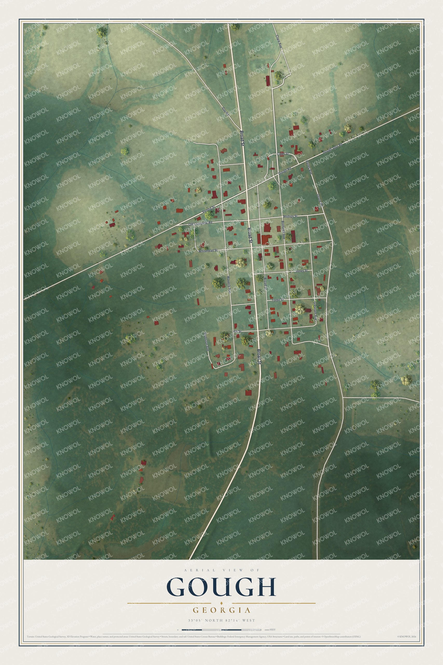 Full map of Gough, Georgia, with red buildings, printed street names and the land around them