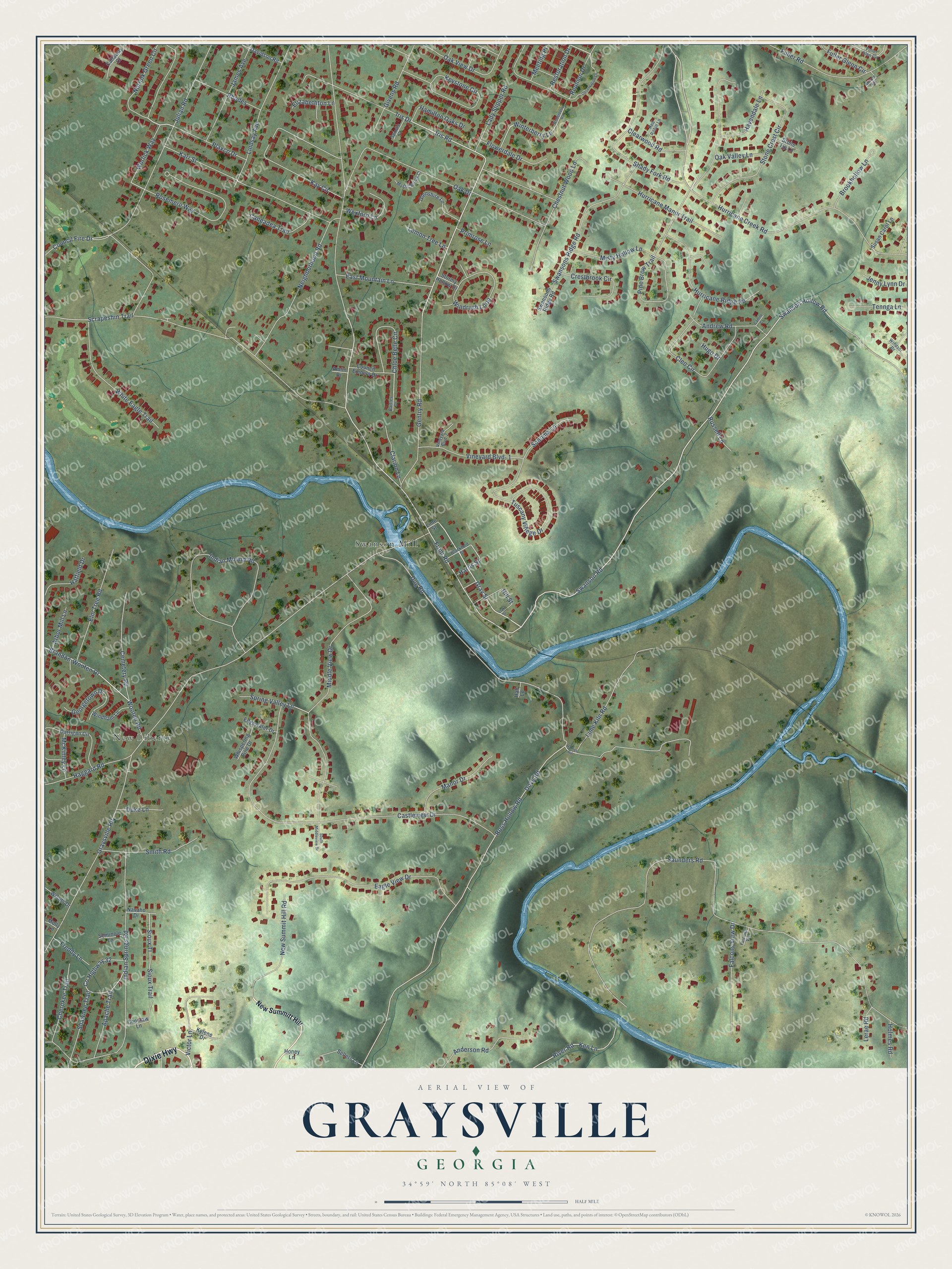 Full map of Graysville, Georgia, with red buildings, printed street names and the land around them