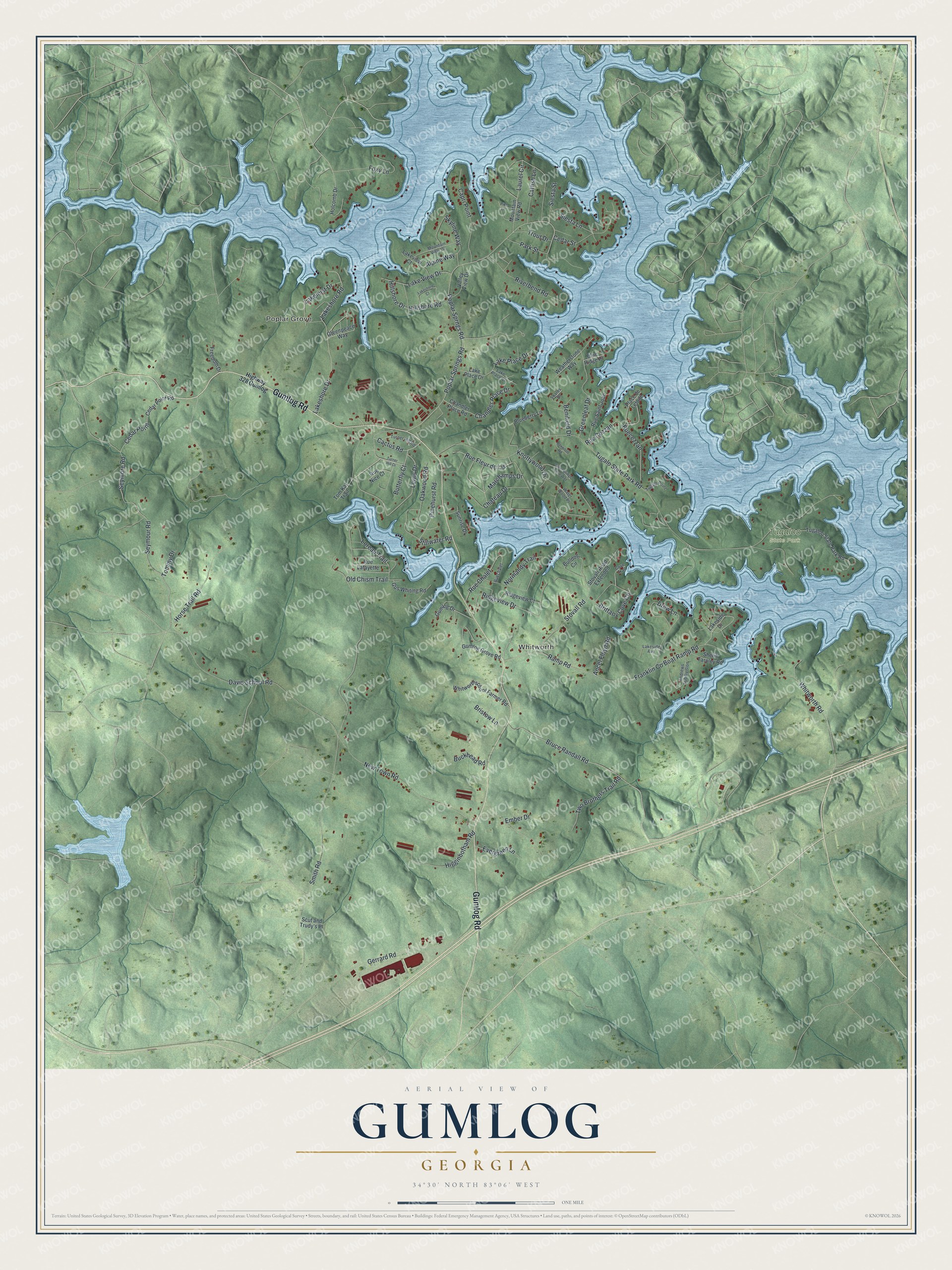 Full map of Gumlog, Georgia, with red buildings, printed street names and the land around them